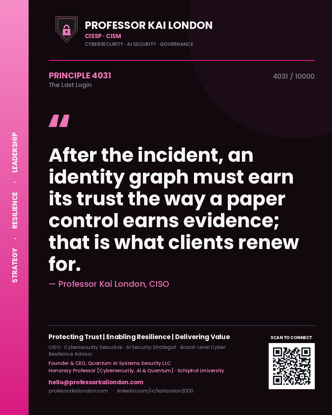 Quote card by Professor Kai London reading 'After the incident, an identity graph must earn its trust the way a paper control earns evidence; that is what clients renew for.'. From the book The Last Login.