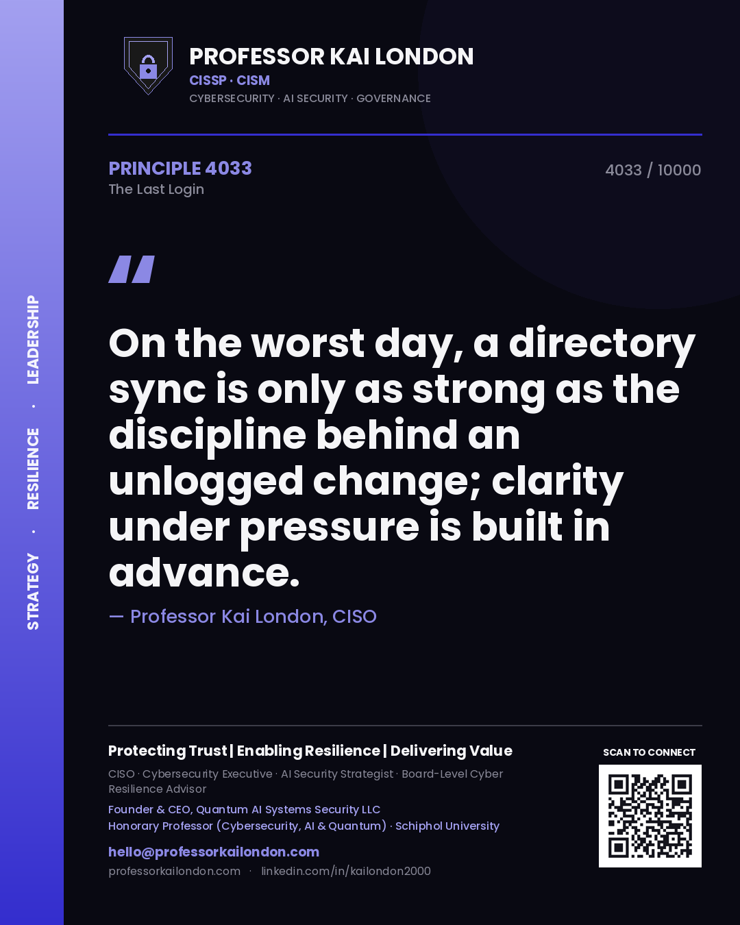 Quote card by Professor Kai London reading 'On the worst day, a directory sync is only as strong as the discipline behind an unlogged change; clarity under pressure is built in advance.'. From the book The Last Login.
