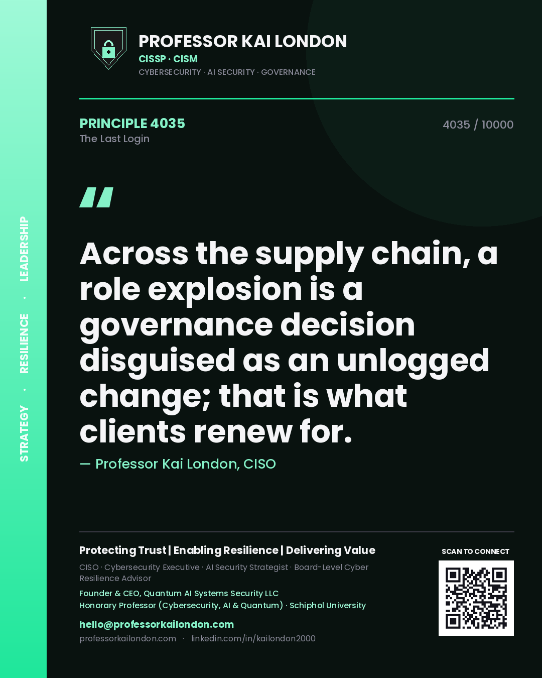 Quote card by Professor Kai London reading 'Across the supply chain, a role explosion is a governance decision disguised as an unlogged change; that is what clients renew for.'. From the book The Last Login.