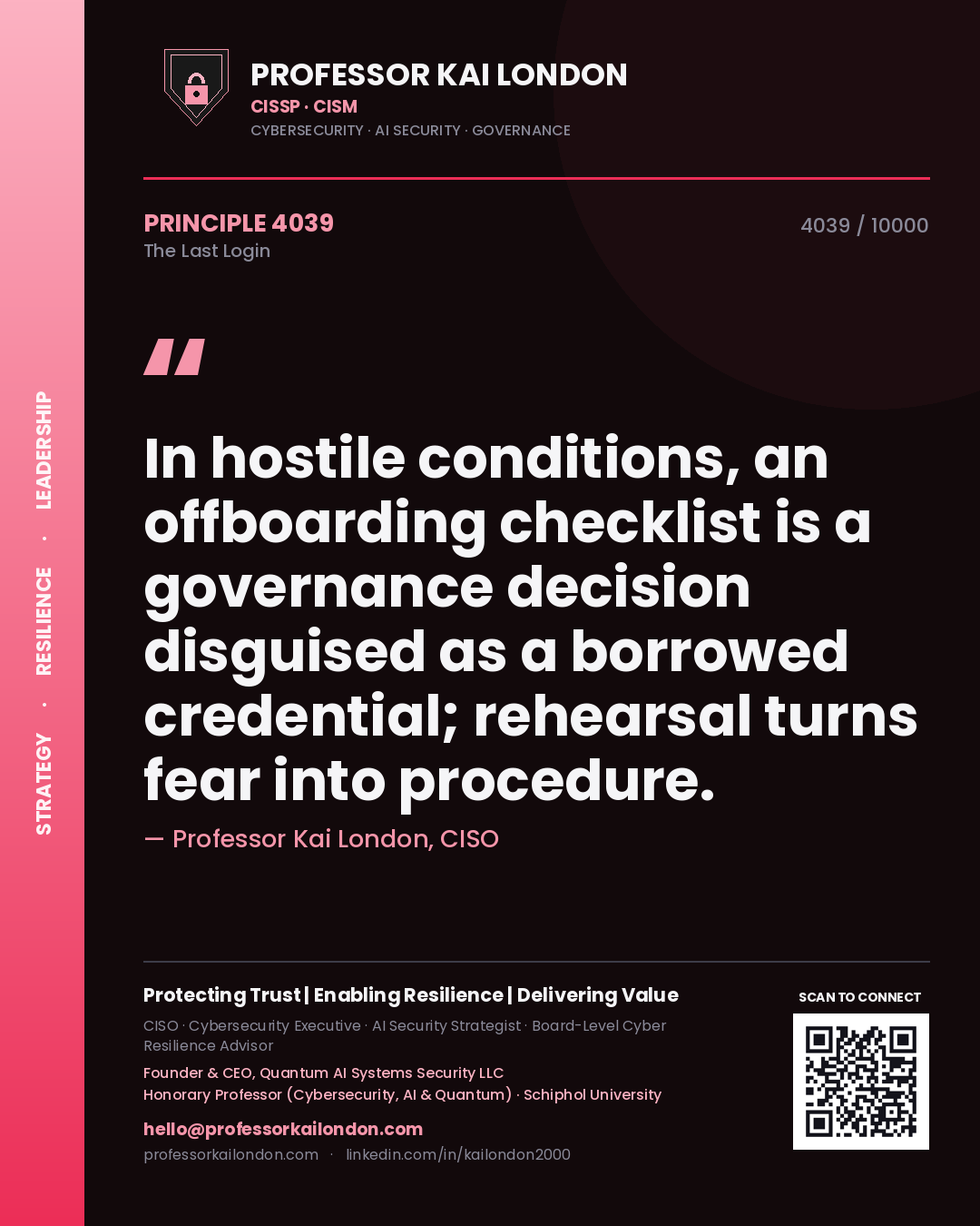 Quote card by Professor Kai London reading 'In hostile conditions, an offboarding checklist is a governance decision disguised as a borrowed credential; rehearsal turns fear into procedure.'. From the book The Last Login.
