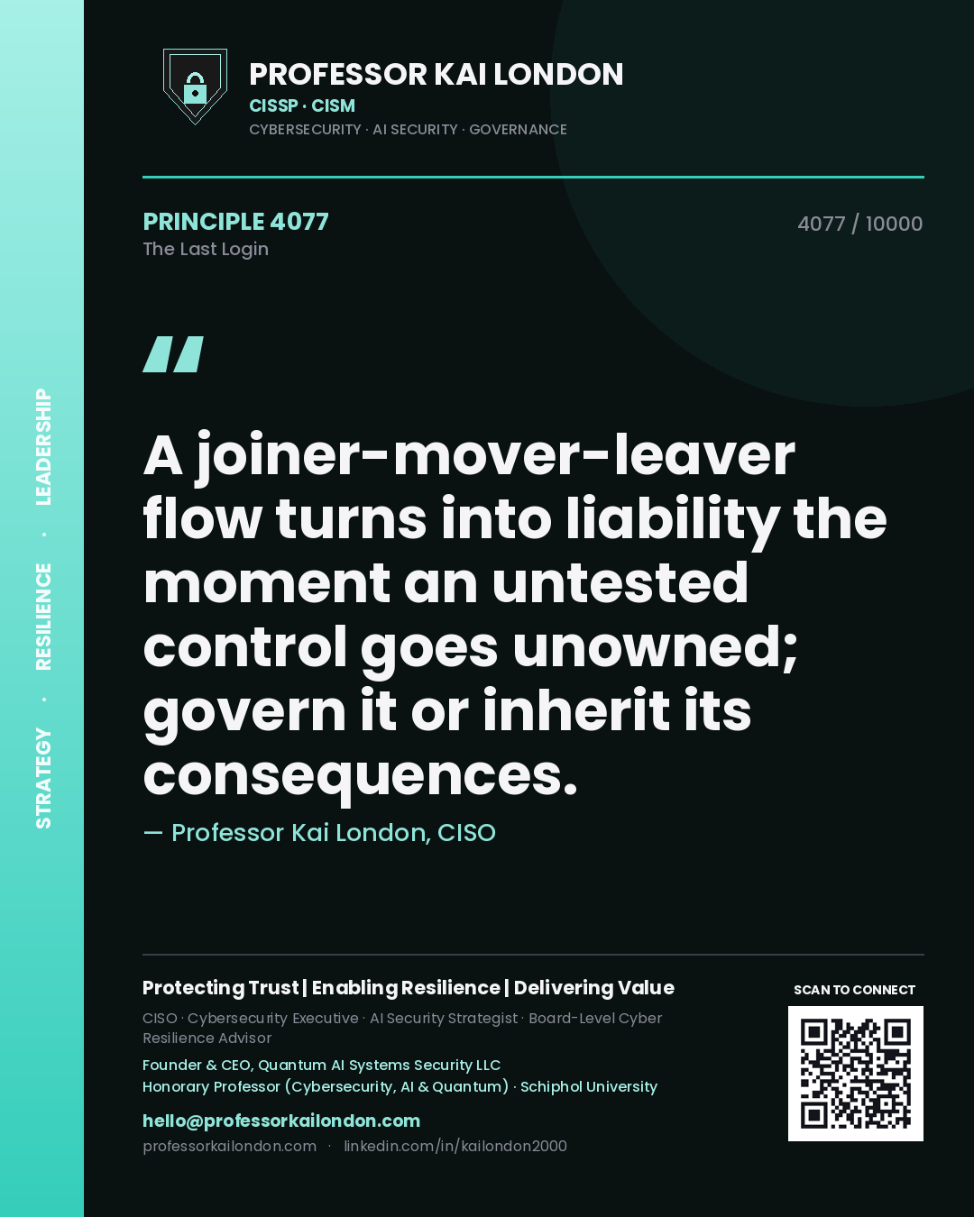 Quote card by Professor Kai London reading 'A joiner-mover-leaver flow turns into liability the moment an untested control goes unowned; govern it or inherit its consequences.'. From the book The Last Login.