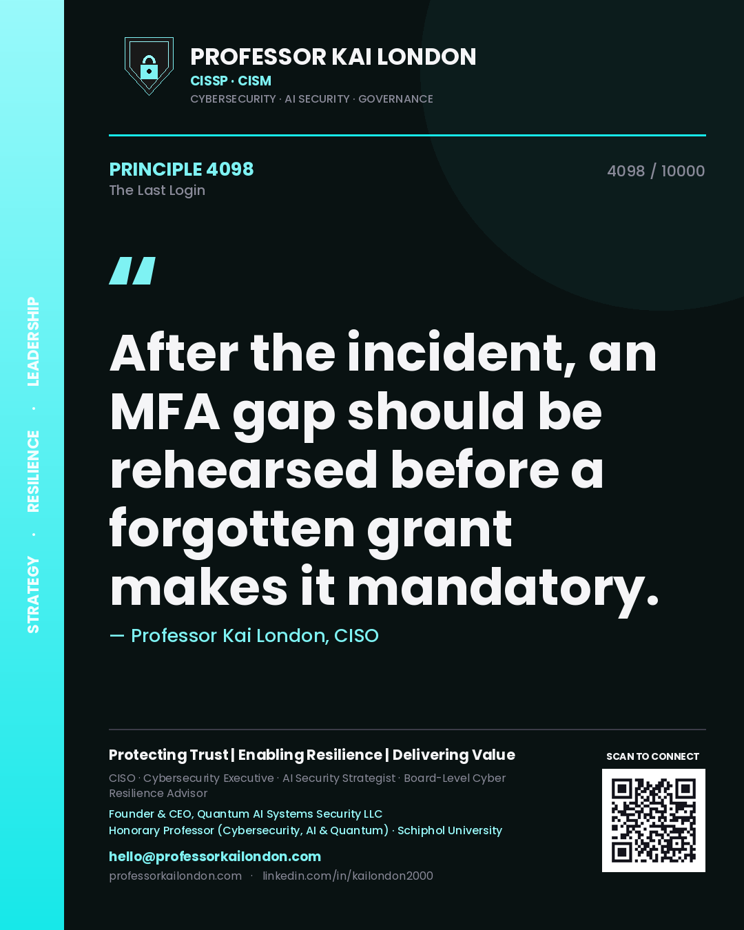 Quote card by Professor Kai London reading 'After the incident, an MFA gap should be rehearsed before a forgotten grant makes it mandatory.'. From the book The Last Login.