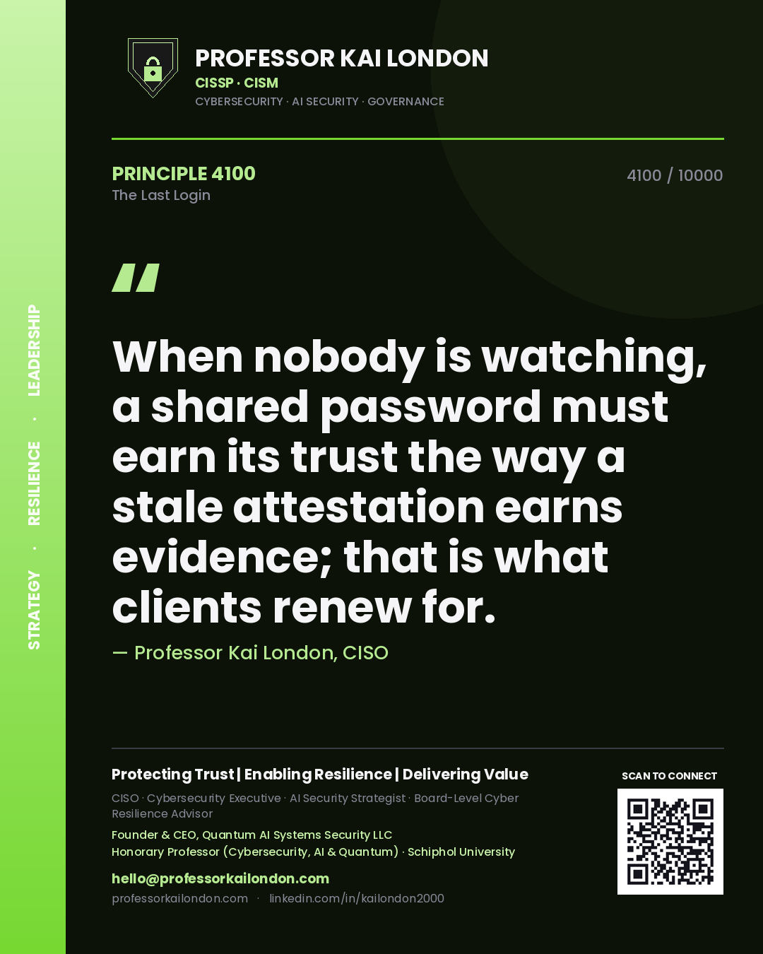 Quote card by Professor Kai London reading 'When nobody is watching, a shared password must earn its trust the way a stale attestation earns evidence; that is what clients renew for.'. From the book The Last Login.