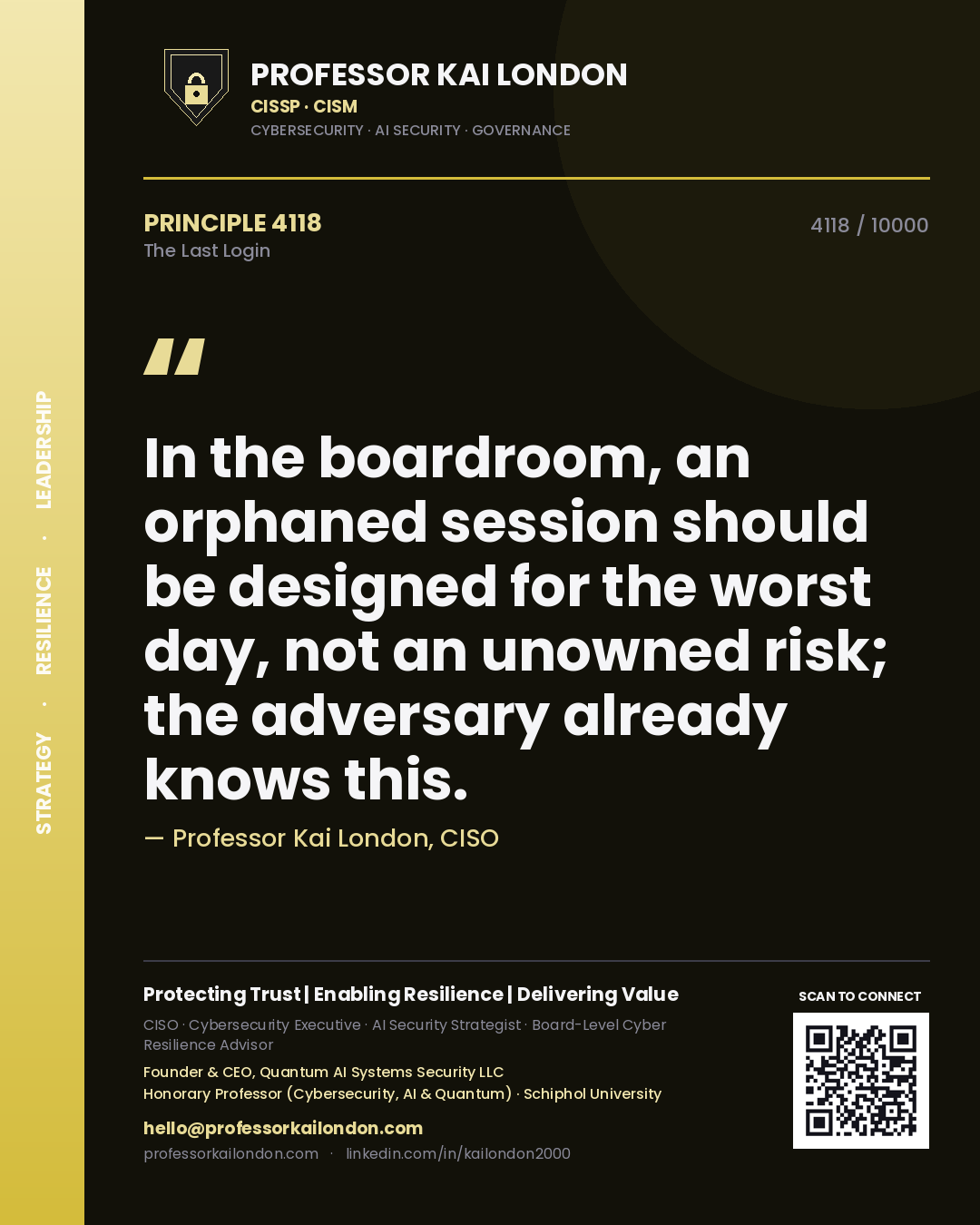 Professor Kai London principle 4118: In the boardroom, an orphaned session should be designed for the worst day, not an unowned risk; the adversary already knows this.