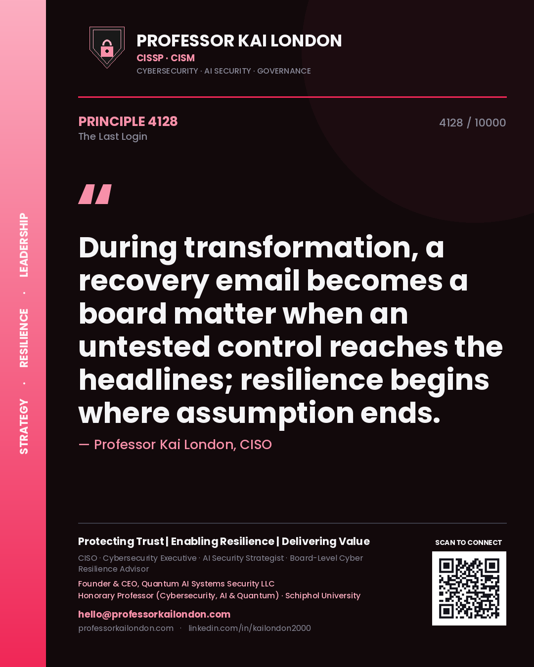 Professor Kai London principle 4128: During transformation, a recovery email becomes a board matter when an untested control reaches the headlines; resilience begins where assumption ends.
