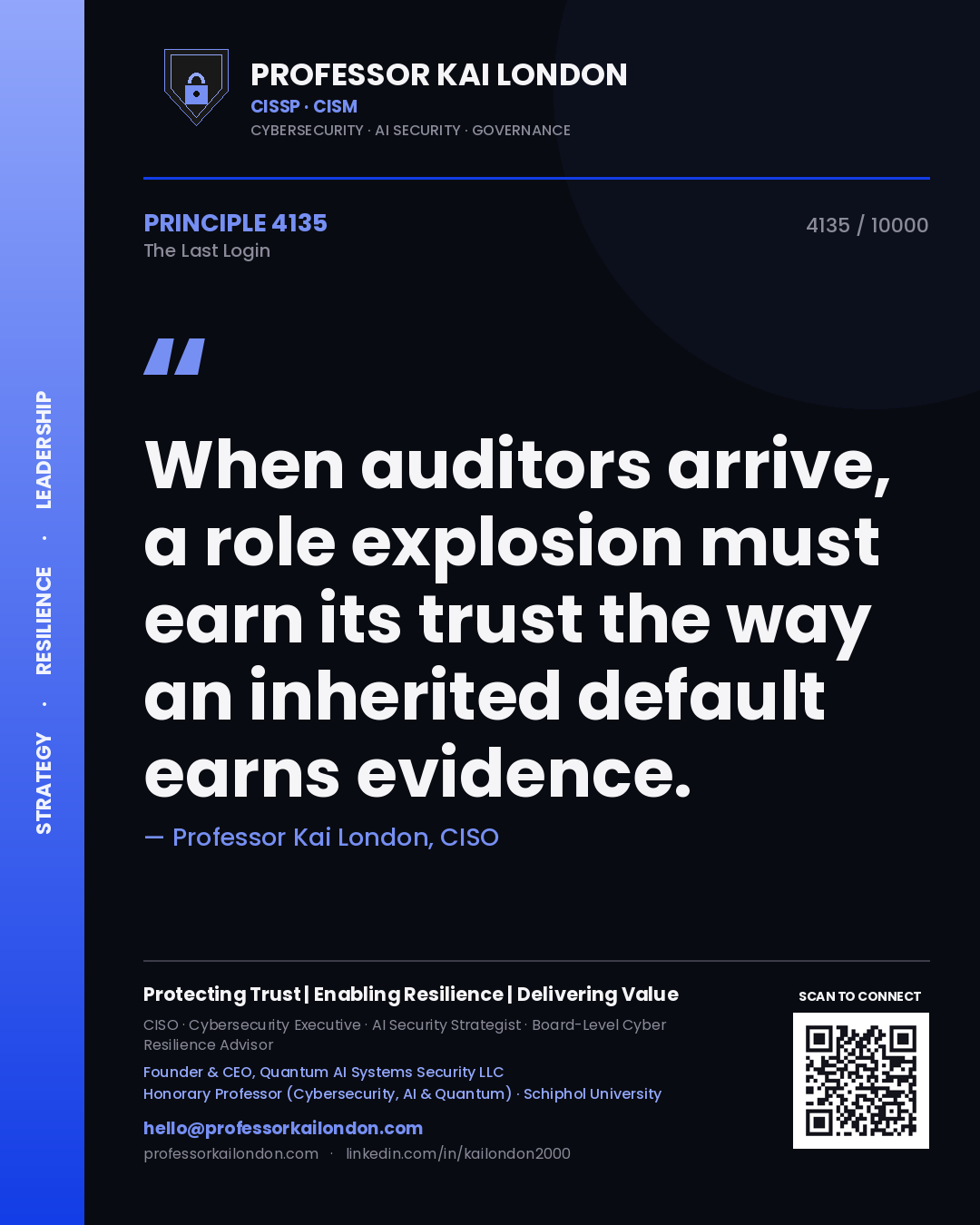 Quote card by Professor Kai London reading 'When auditors arrive, a role explosion must earn its trust the way an inherited default earns evidence.'. From the book The Last Login.