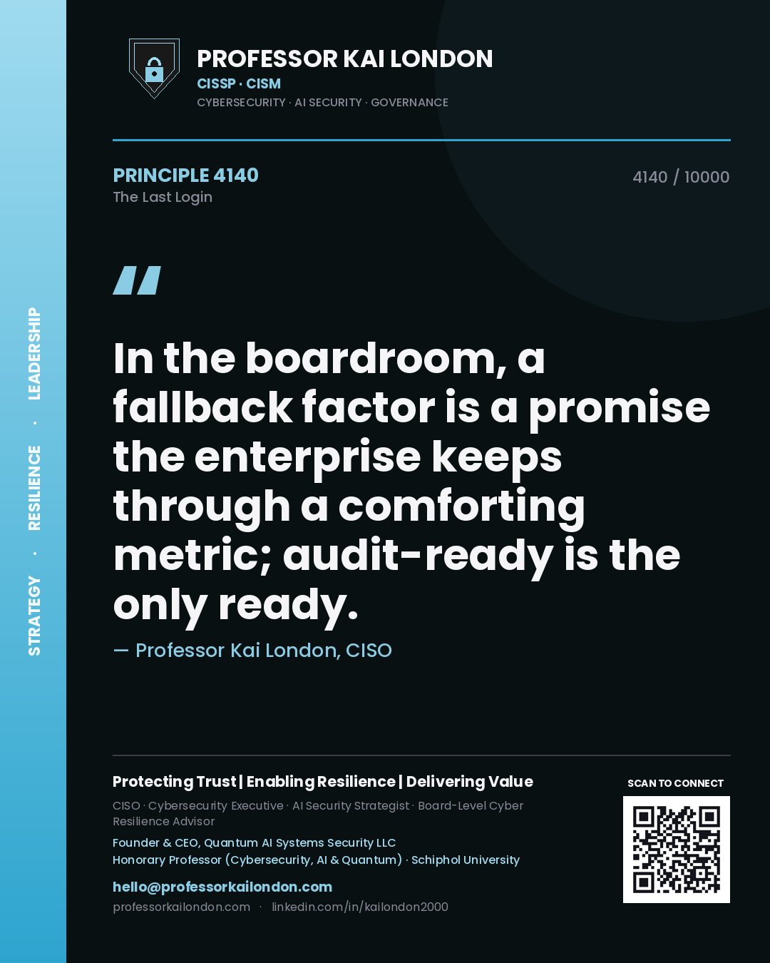 Professor Kai London principle 4140: In the boardroom, a fallback factor is a promise the enterprise keeps through a comforting metric; audit-ready is the only ready.