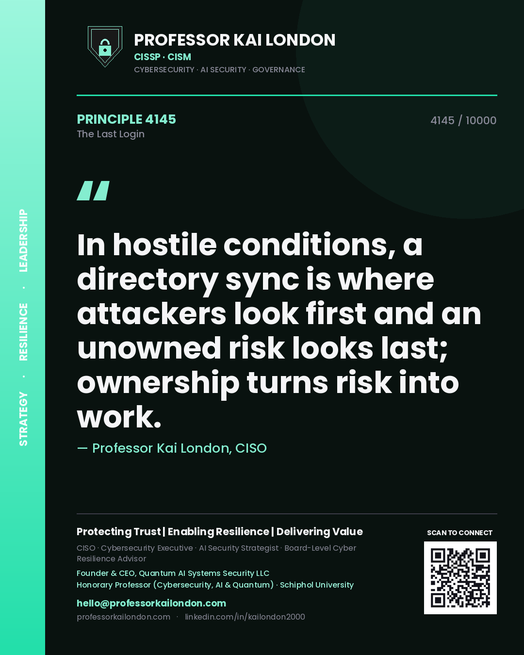 Quote card by Professor Kai London reading 'In hostile conditions, a directory sync is where attackers look first and an unowned risk looks last; ownership turns risk into work.'. From the book The Last Login.