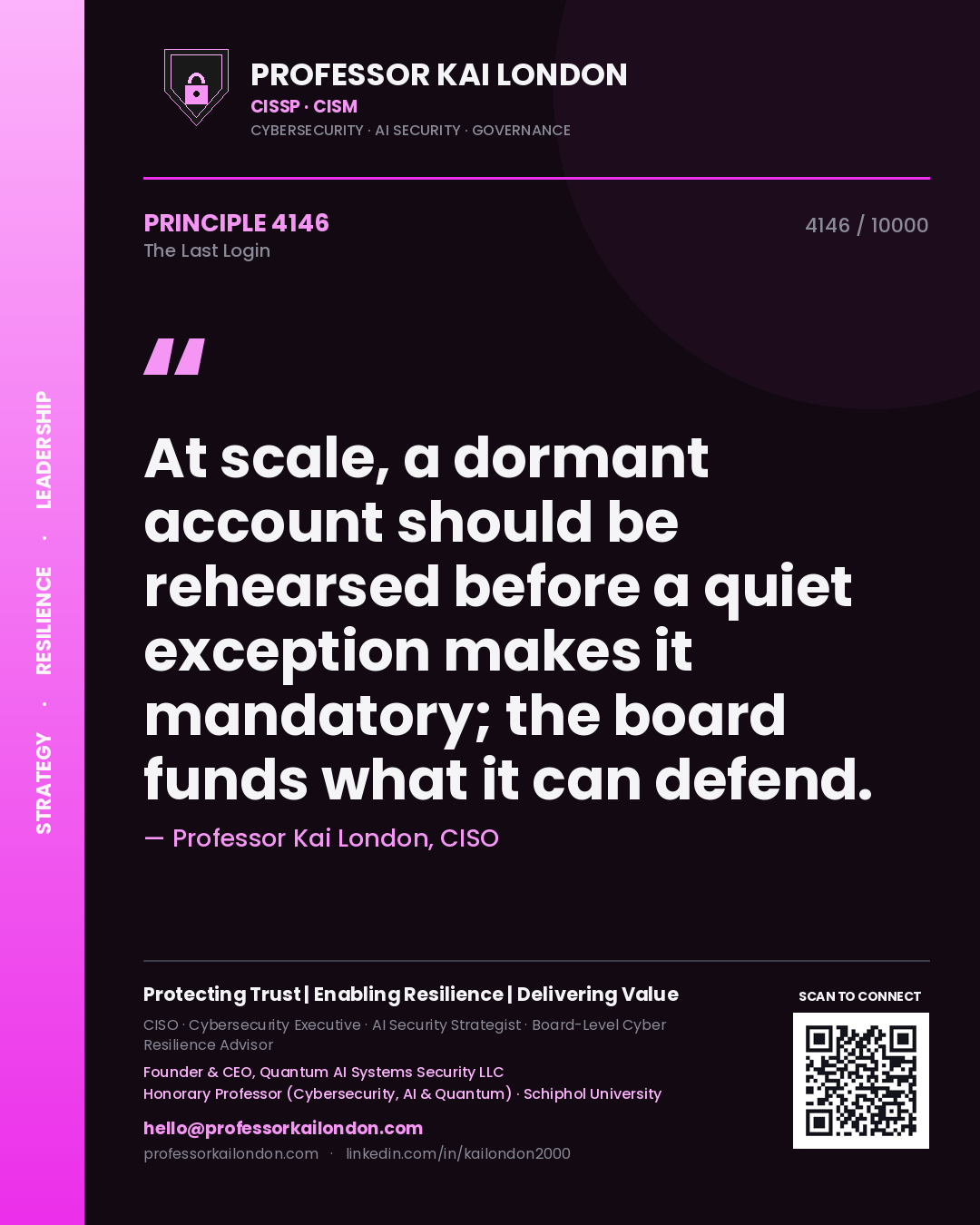 Professor Kai London principle 4146: At scale, a dormant account should be rehearsed before a quiet exception makes it mandatory; the board funds what it can defend.