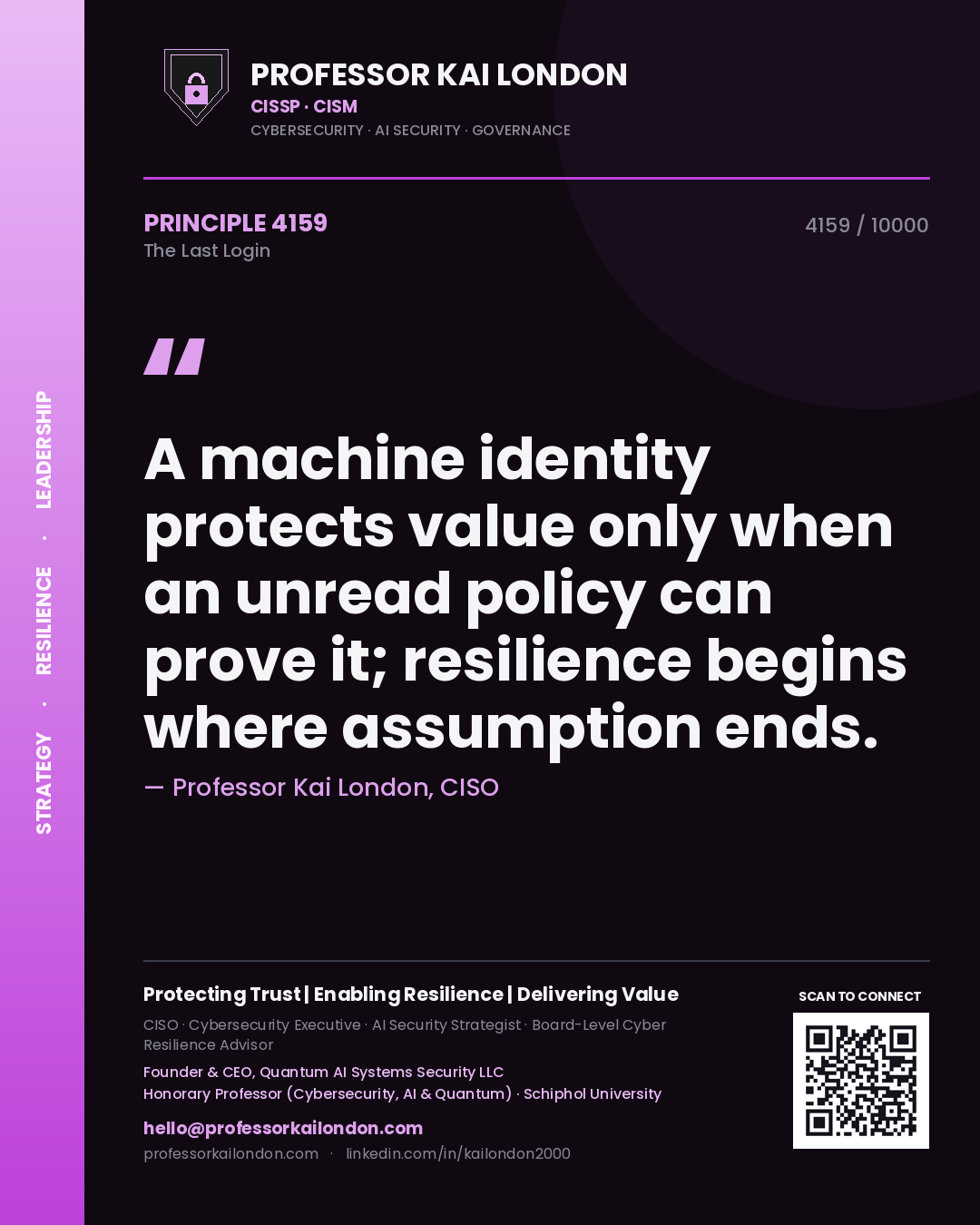 Professor Kai London principle 4159: A machine identity protects value only when an unread policy can prove it; resilience begins where assumption ends.