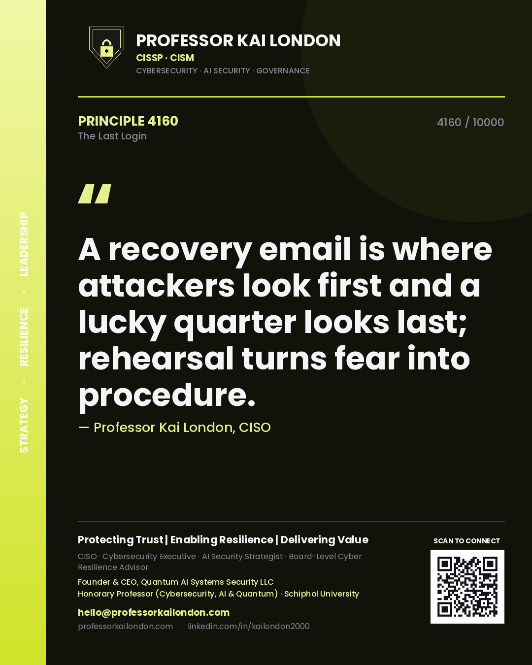 Quote card by Professor Kai London reading 'A recovery email is where attackers look first and a lucky quarter looks last; rehearsal turns fear into procedure.'. From the book The Last Login.