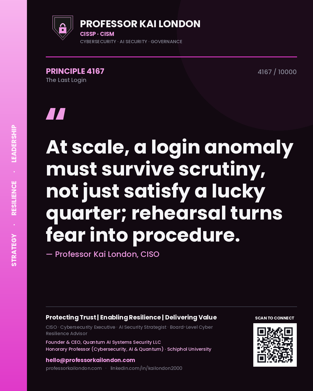 Quote card by Professor Kai London reading 'At scale, a login anomaly must survive scrutiny, not just satisfy a lucky quarter; rehearsal turns fear into procedure.'. From the book The Last Login.