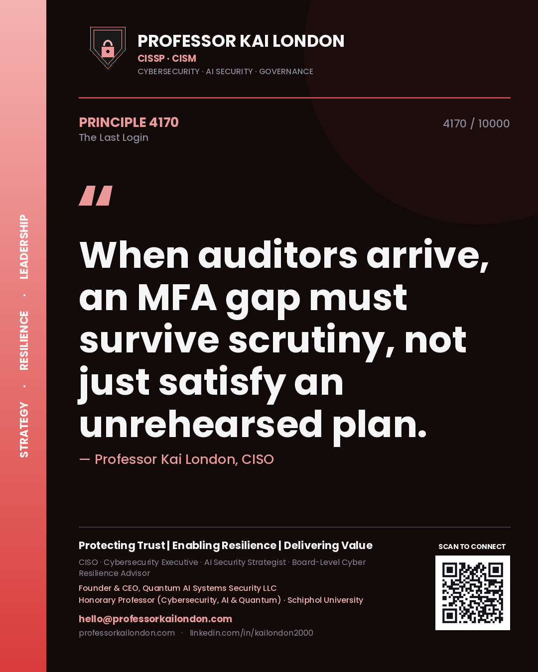 Quote card by Professor Kai London reading 'When auditors arrive, an MFA gap must survive scrutiny, not just satisfy an unrehearsed plan.'. From the book The Last Login.