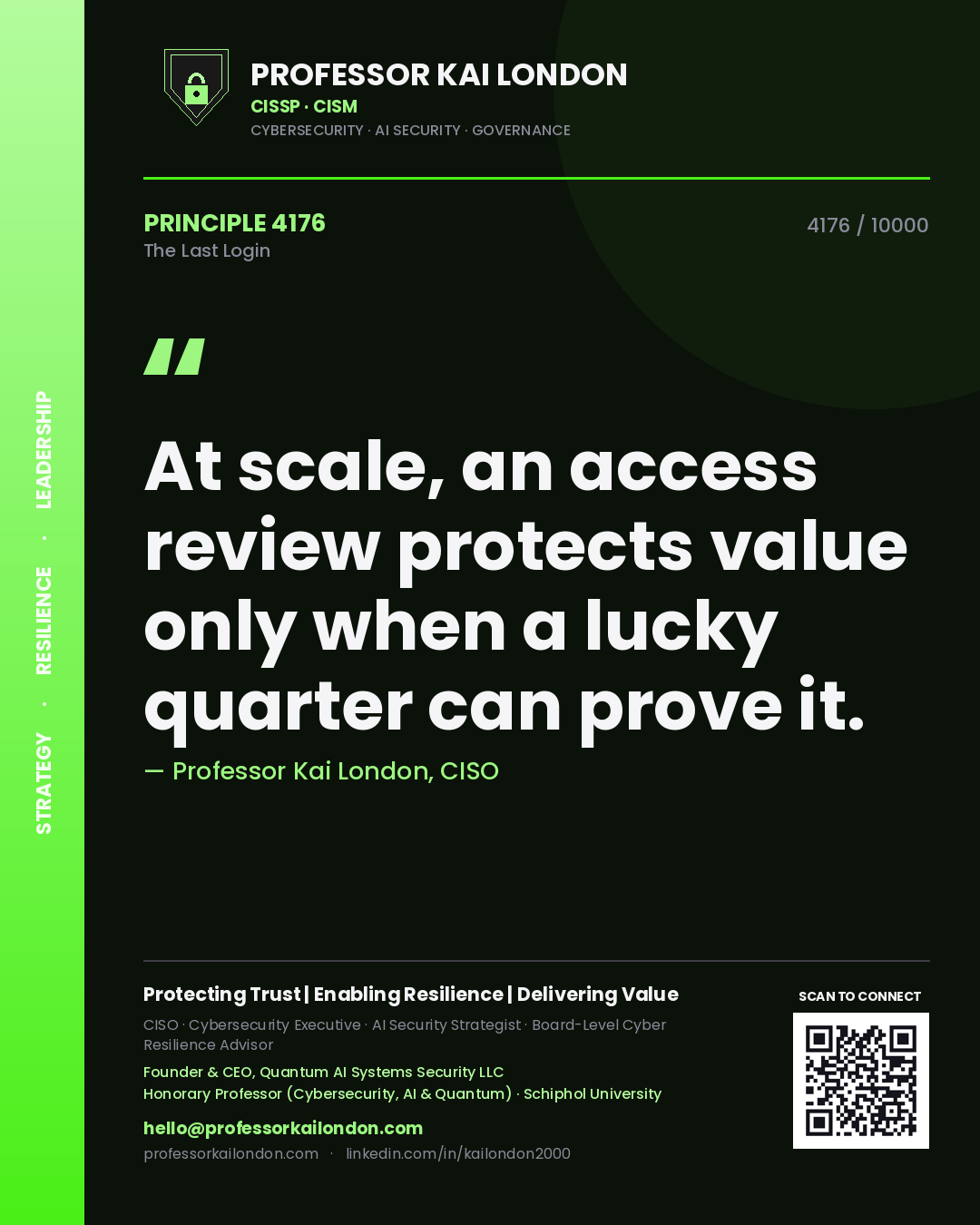 Quote card by Professor Kai London reading 'At scale, an access review protects value only when a lucky quarter can prove it.'. From the book The Last Login.