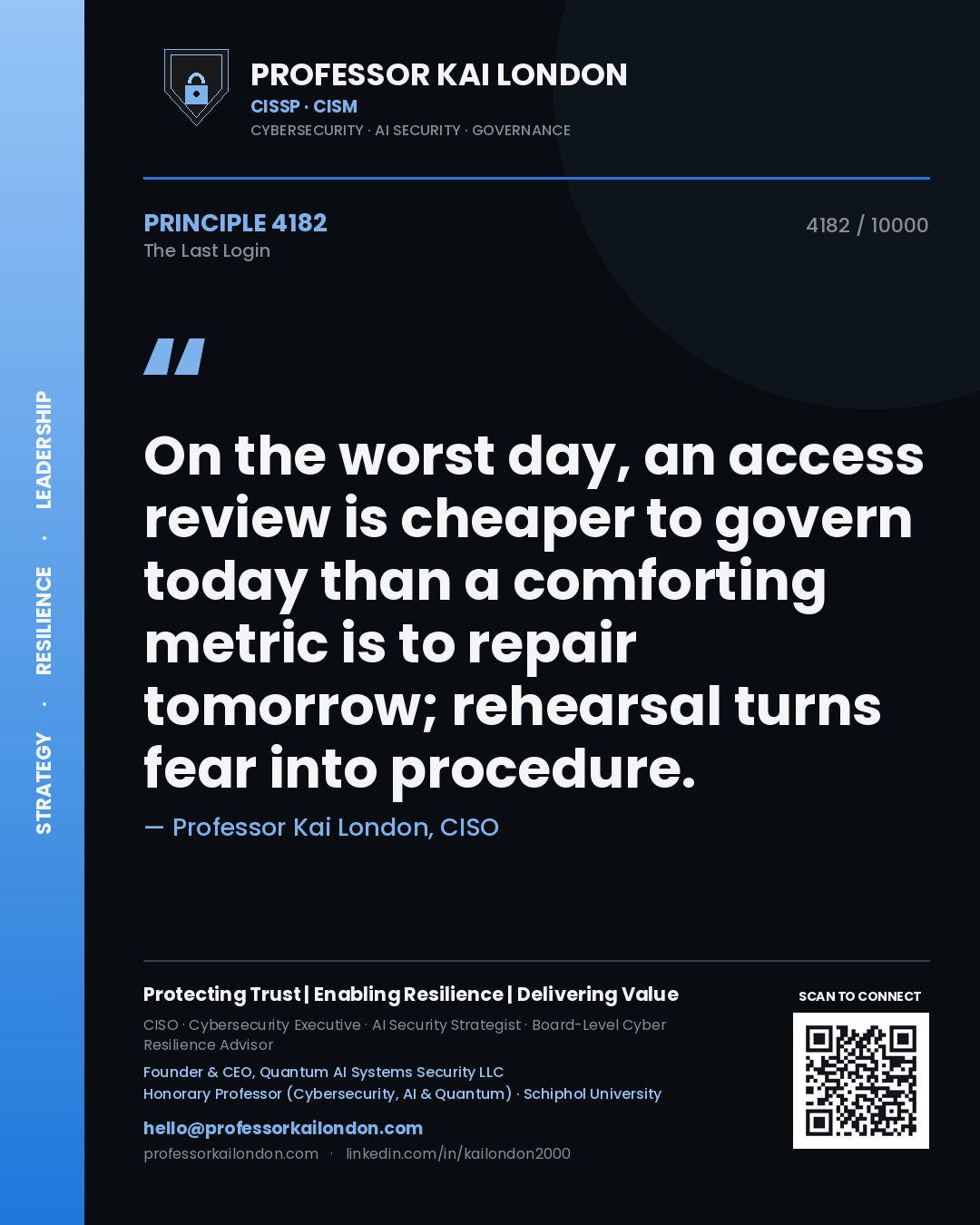 Professor Kai London principle 4182: On the worst day, an access review is cheaper to govern today than a comforting metric is to repair tomorrow; rehearsal turns fear into procedure.