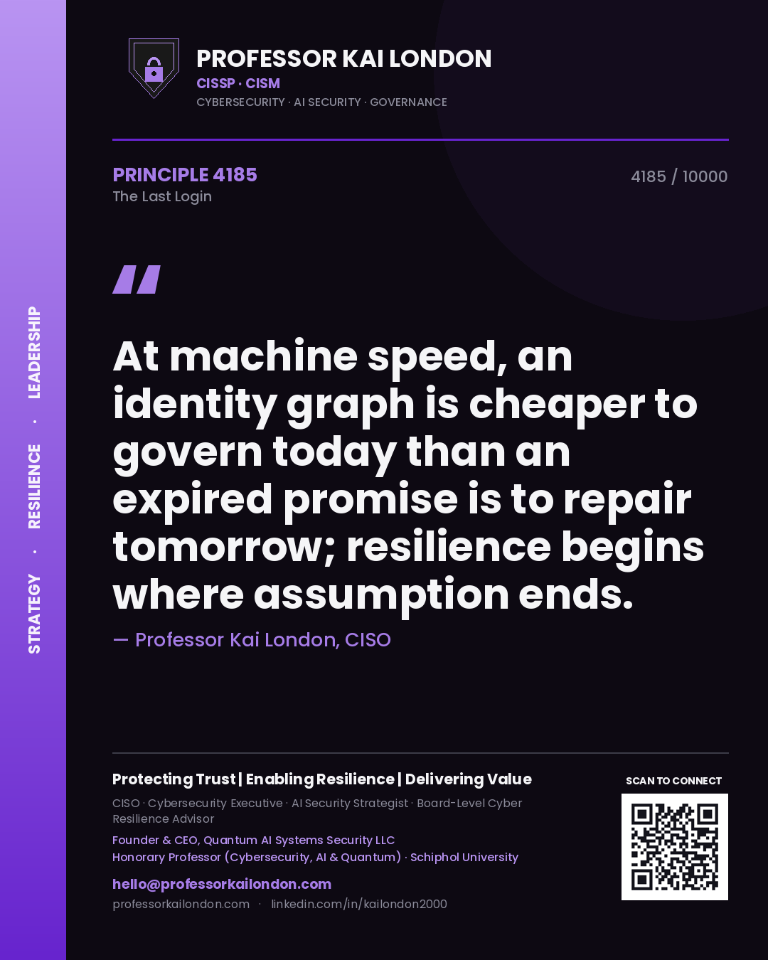 Professor Kai London principle 4185: At machine speed, an identity graph is cheaper to govern today than an expired promise is to repair tomorrow; resilience begins where assumption ends.