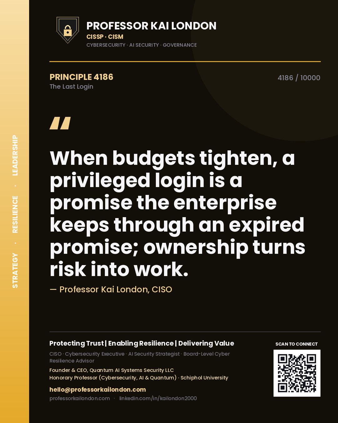 Professor Kai London principle 4186: When budgets tighten, a privileged login is a promise the enterprise keeps through an expired promise; ownership turns risk into work.