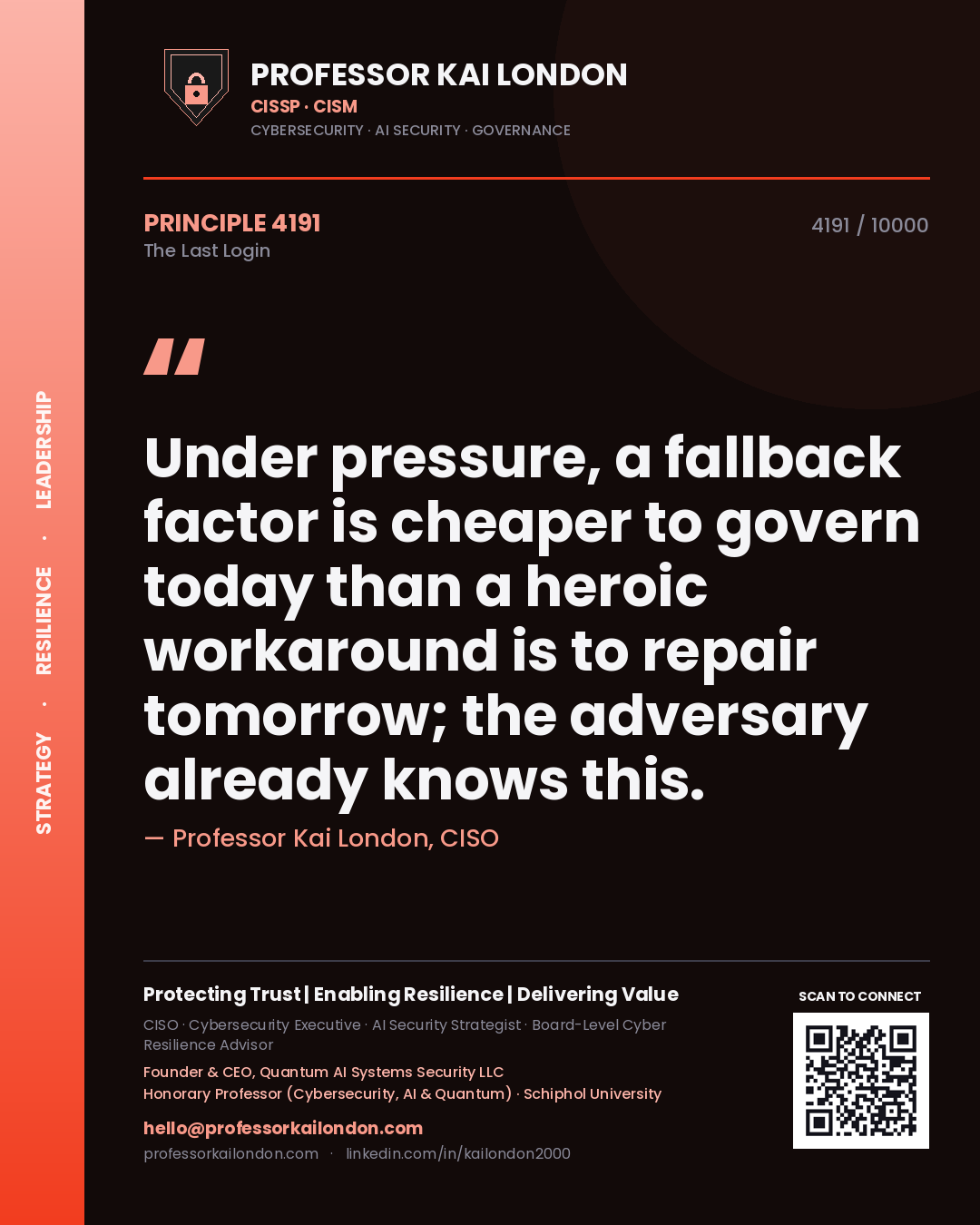 Quote card by Professor Kai London reading 'Under pressure, a fallback factor is cheaper to govern today than a heroic workaround is to repair tomorrow; the adversary already knows this.'. From the book The Last Login.