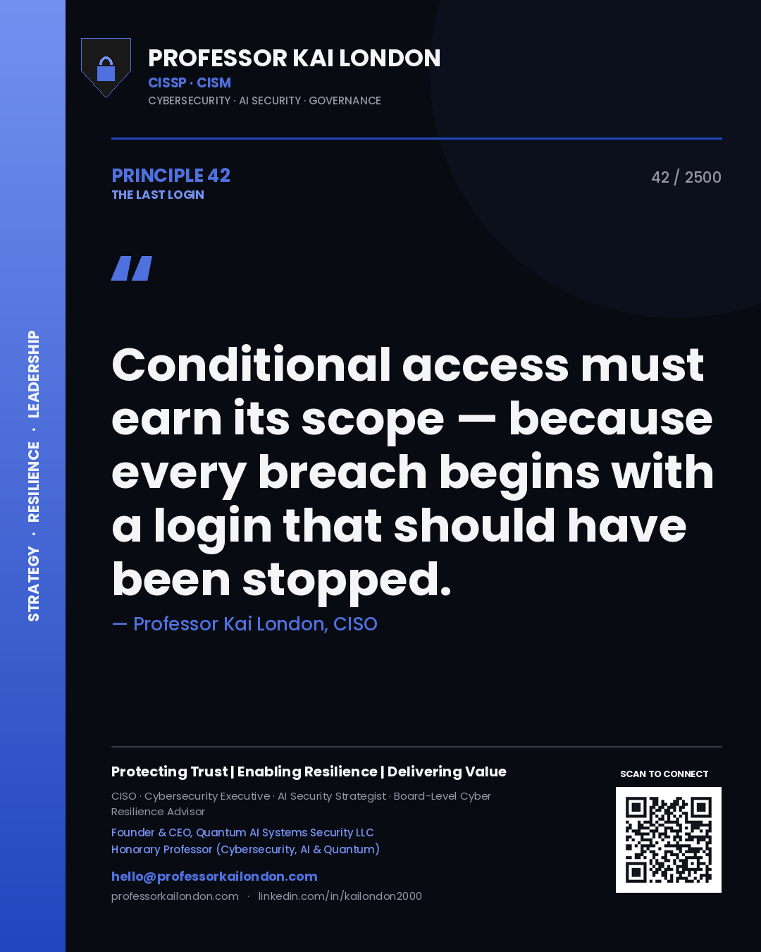 Professor Kai London principle 42: Conditional access must earn its scope — because every breach begins with a login that should have been stopped.