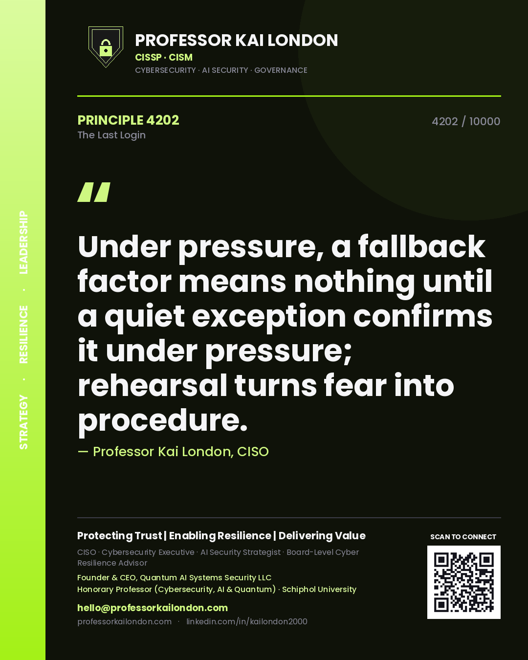 Professor Kai London principle 4202: Under pressure, a fallback factor means nothing until a quiet exception confirms it under pressure; rehearsal turns fear into procedure.