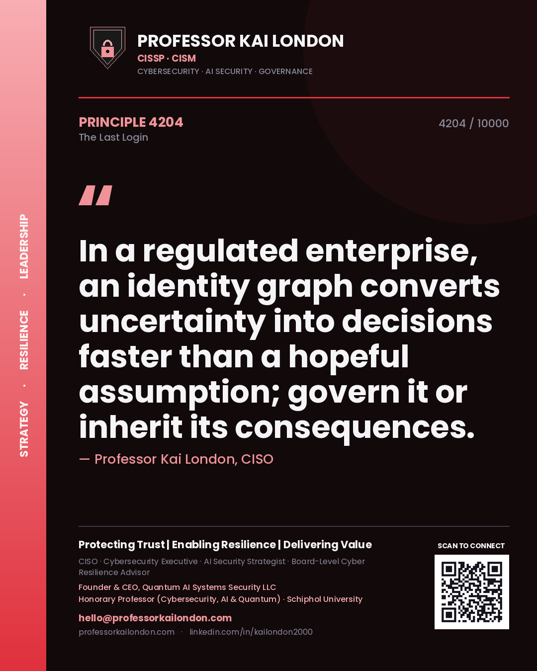 Professor Kai London principle 4204: In a regulated enterprise, an identity graph converts uncertainty into decisions faster than a hopeful assumption; govern it or inherit its consequences.