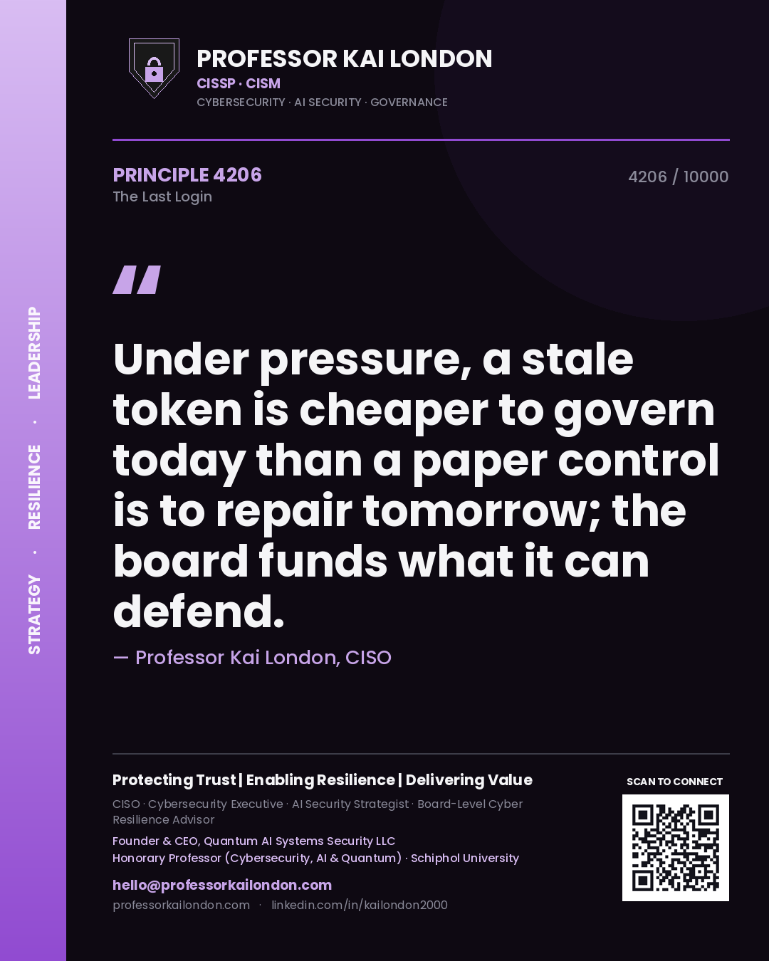 Quote card by Professor Kai London reading 'Under pressure, a stale token is cheaper to govern today than a paper control is to repair tomorrow; the board funds what it can defend.'. From the book The Last Login.