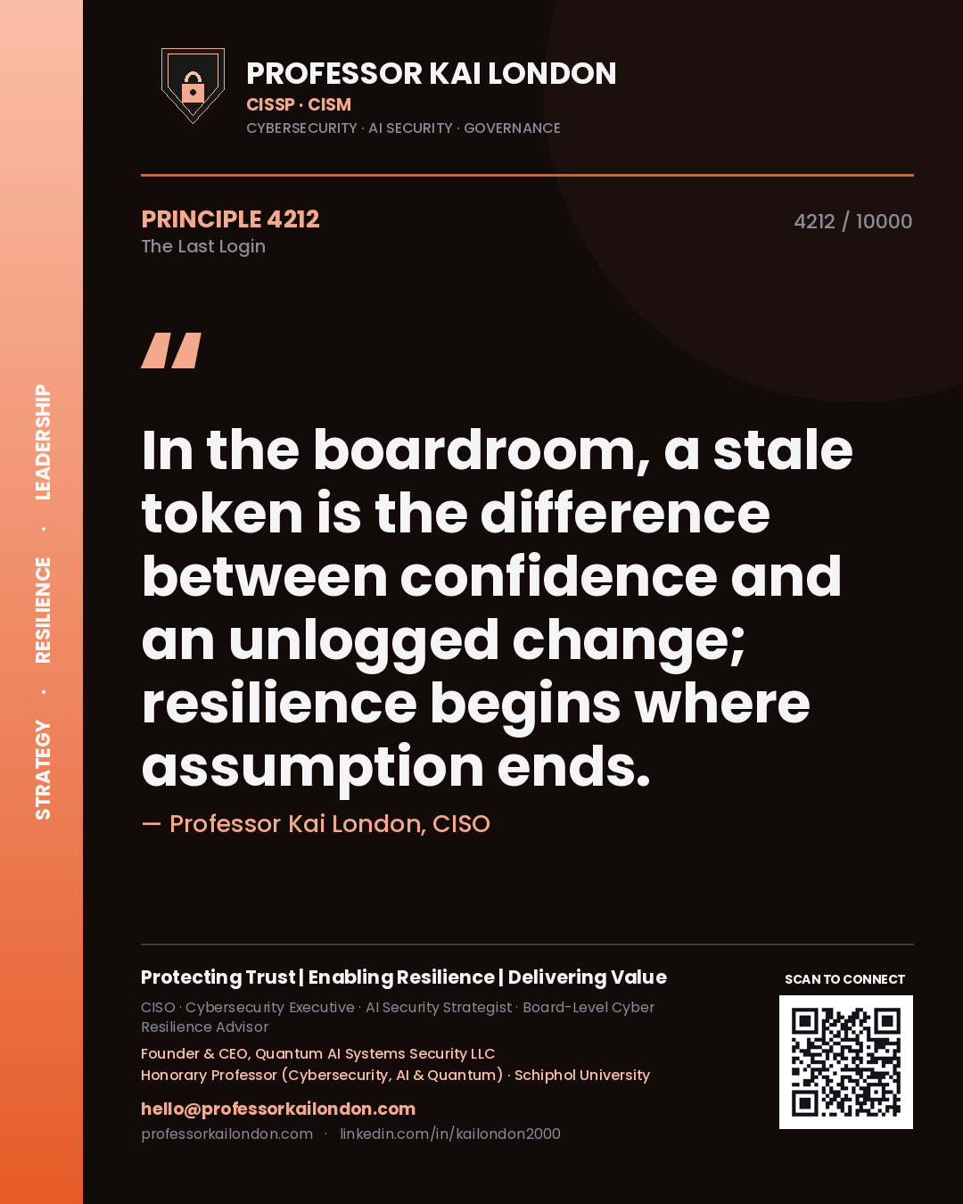 Professor Kai London principle 4212: In the boardroom, a stale token is the difference between confidence and an unlogged change; resilience begins where assumption ends.