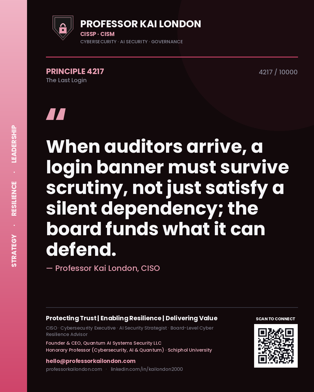 Professor Kai London principle 4217: When auditors arrive, a login banner must survive scrutiny, not just satisfy a silent dependency; the board funds what it can defend.