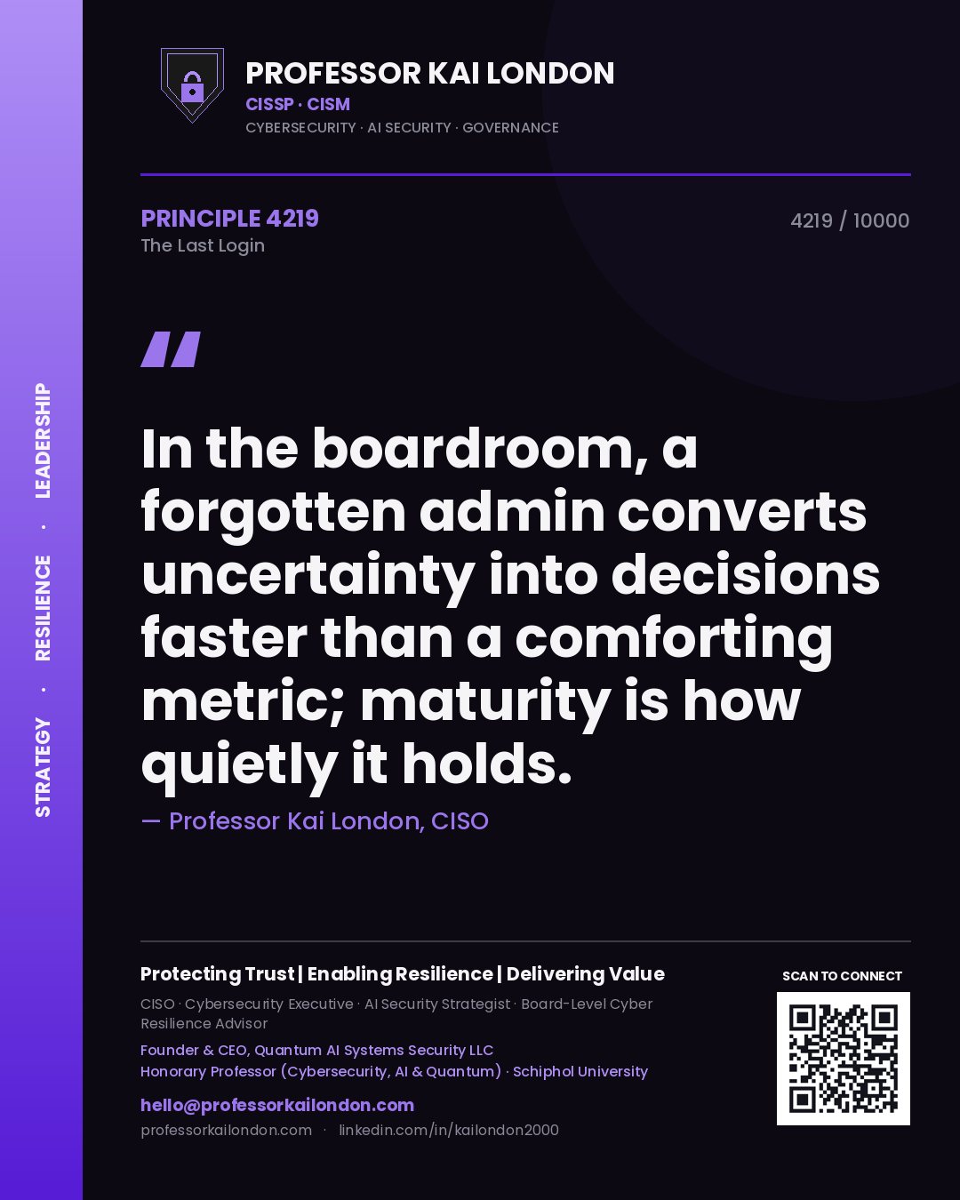Quote card by Professor Kai London reading 'In the boardroom, a forgotten admin converts uncertainty into decisions faster than a comforting metric; maturity is how quietly it holds.'. From the book The Last Login.