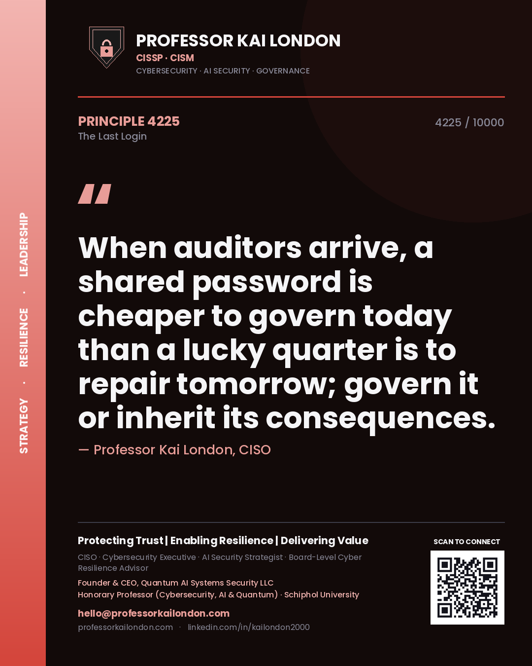 Professor Kai London principle 4225: When auditors arrive, a shared password is cheaper to govern today than a lucky quarter is to repair tomorrow; govern it or inherit its consequences.