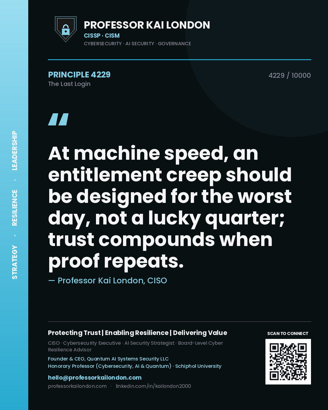 Quote card by Professor Kai London reading 'At machine speed, an entitlement creep should be designed for the worst day, not a lucky quarter; trust compounds when proof repeats.'. From the book The Last Login.