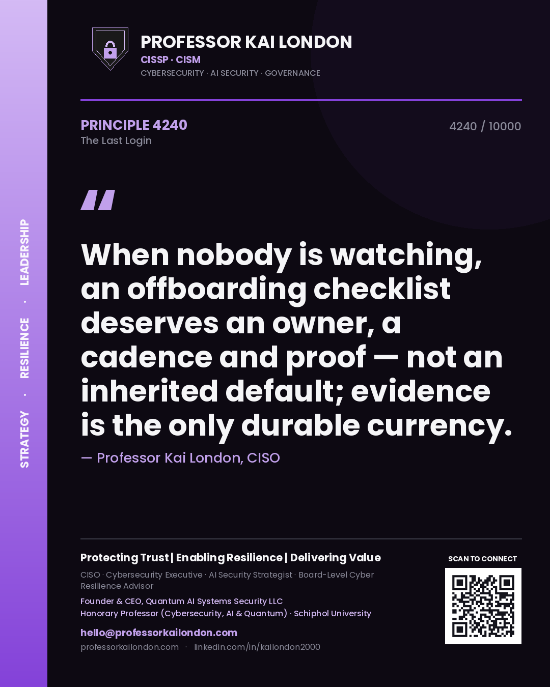 Professor Kai London principle 4240: When nobody is watching, an offboarding checklist deserves an owner, a cadence and proof — not an inherited default; evidence is the only durable currency.