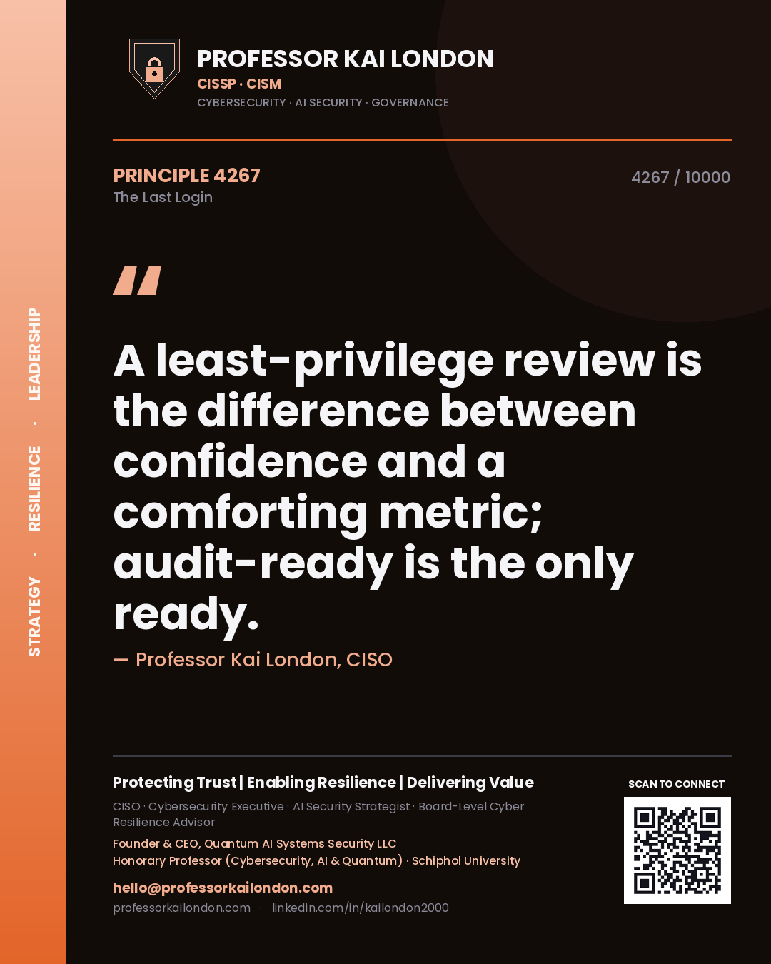 Professor Kai London principle 4267: A least-privilege review is the difference between confidence and a comforting metric; audit-ready is the only ready.