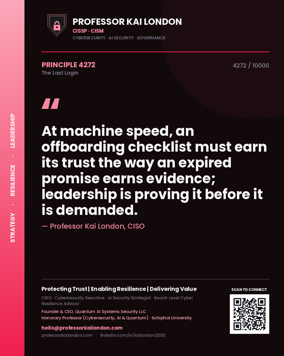 Professor Kai London principle 4272: At machine speed, an offboarding checklist must earn its trust the way an expired promise earns evidence; leadership is proving it before it is demanded.
