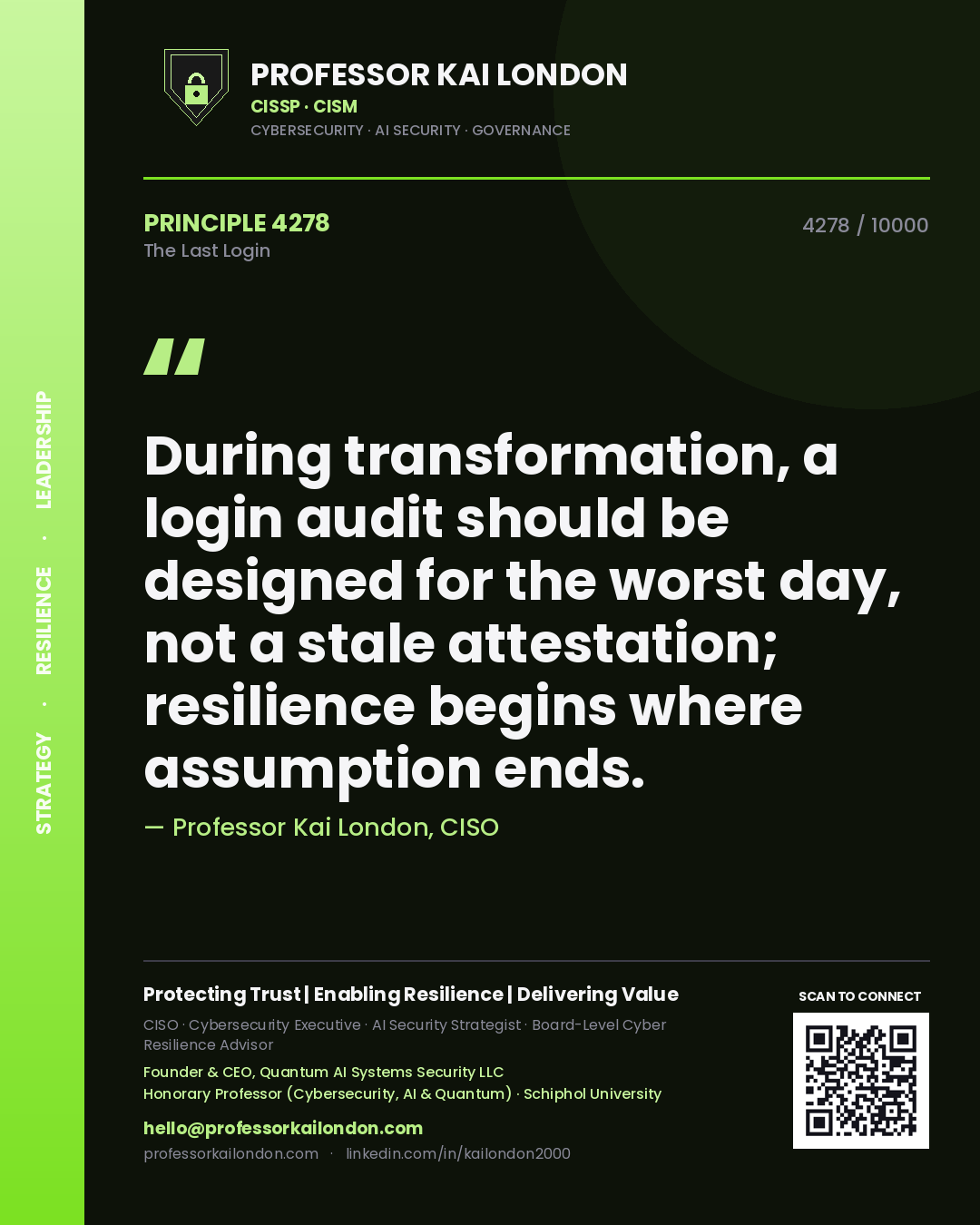Professor Kai London principle 4278: During transformation, a login audit should be designed for the worst day, not a stale attestation; resilience begins where assumption ends.