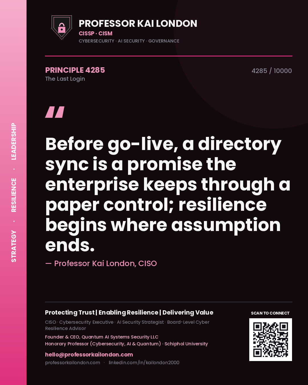 Professor Kai London principle 4285: Before go-live, a directory sync is a promise the enterprise keeps through a paper control; resilience begins where assumption ends.