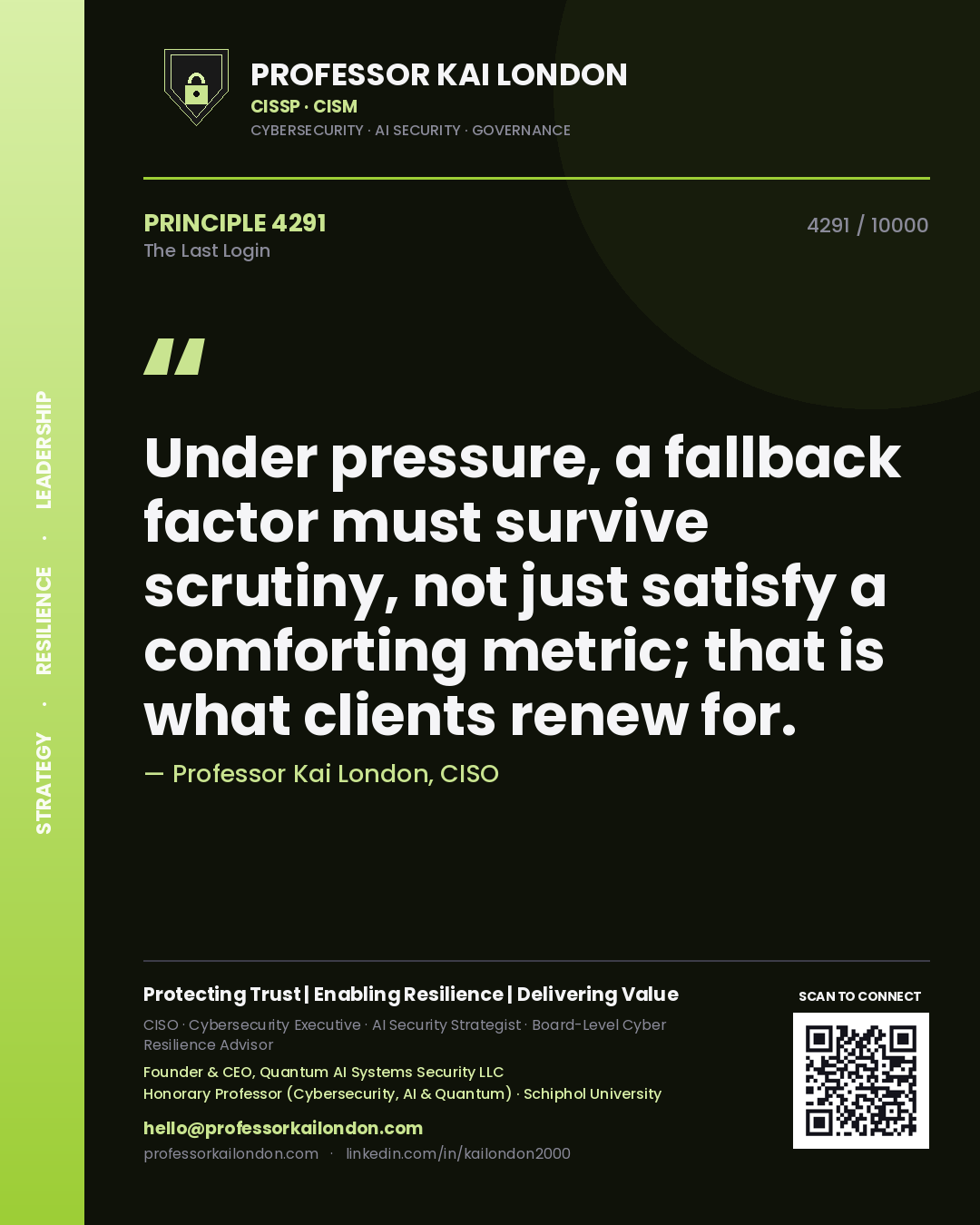 Professor Kai London principle 4291: Under pressure, a fallback factor must survive scrutiny, not just satisfy a comforting metric; that is what clients renew for.