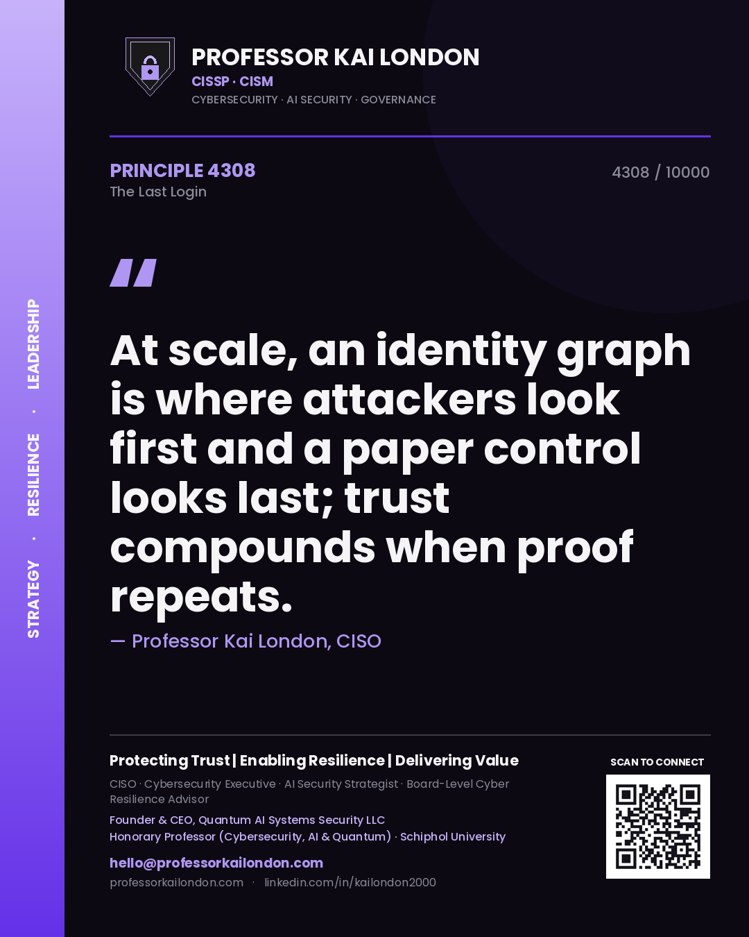 Professor Kai London principle 4308: At scale, an identity graph is where attackers look first and a paper control looks last; trust compounds when proof repeats.