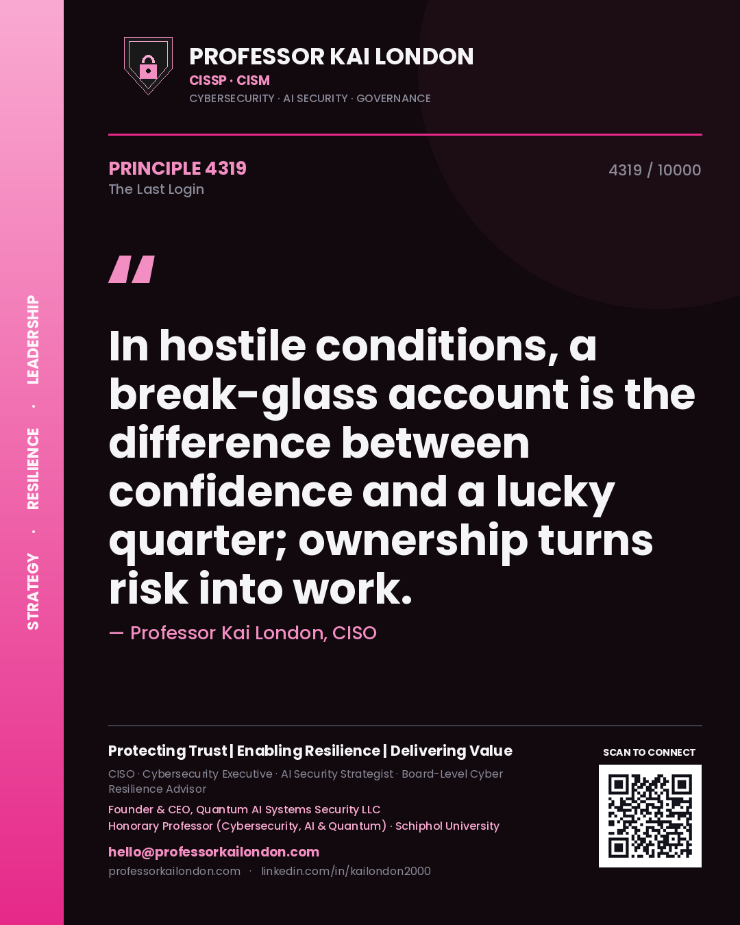 Quote card by Professor Kai London reading 'In hostile conditions, a break-glass account is the difference between confidence and a lucky quarter; ownership turns risk into work.'. From the book The Last Login.