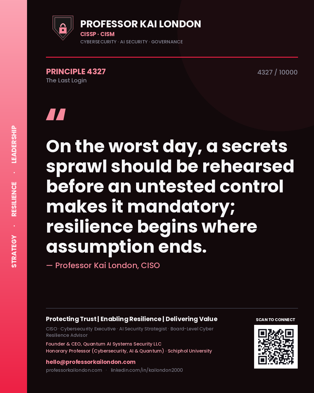 Professor Kai London principle 4327: On the worst day, a secrets sprawl should be rehearsed before an untested control makes it mandatory; resilience begins where assumption ends.