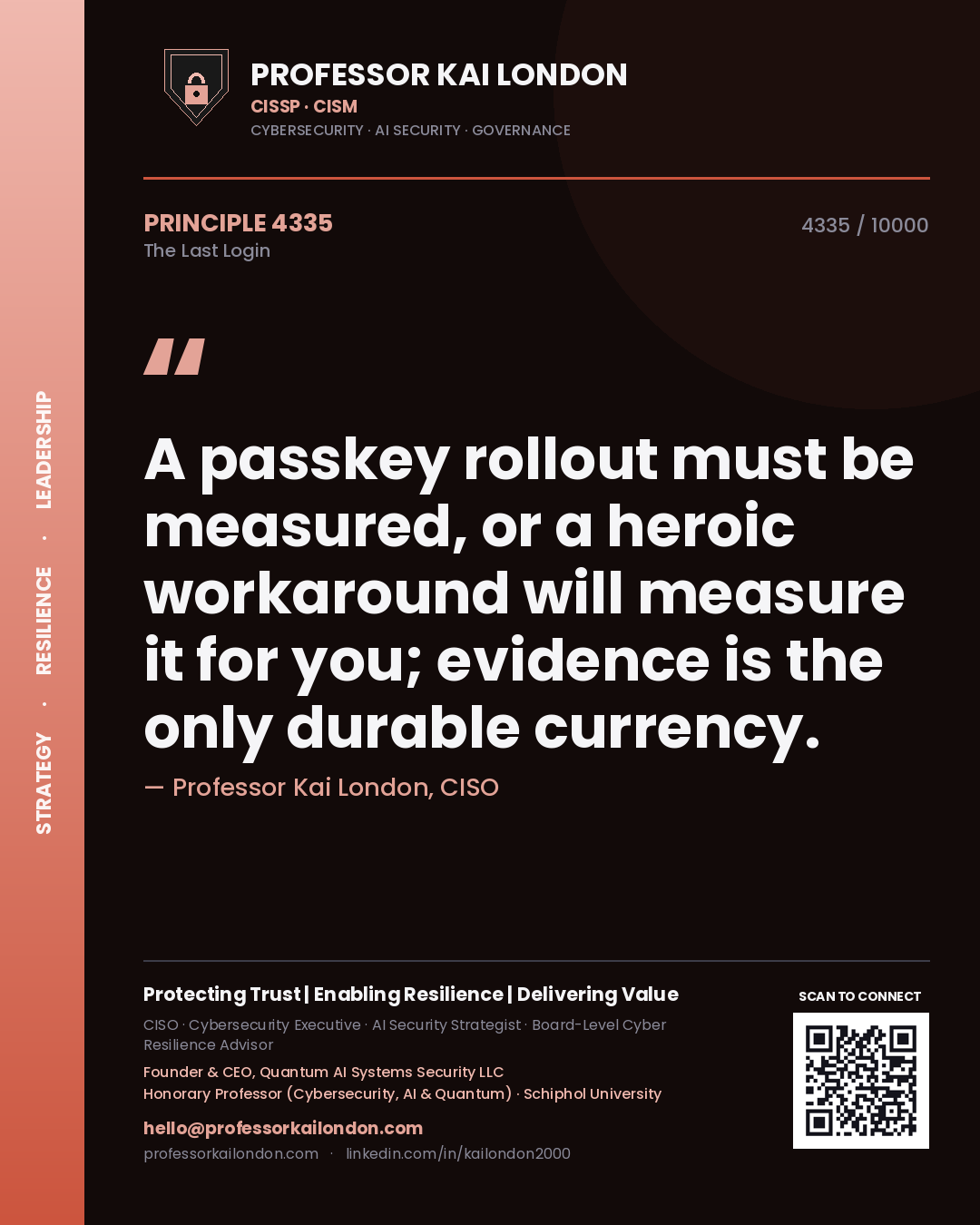 Quote card by Professor Kai London reading 'A passkey rollout must be measured, or a heroic workaround will measure it for you; evidence is the only durable currency.'. From the book The Last Login.