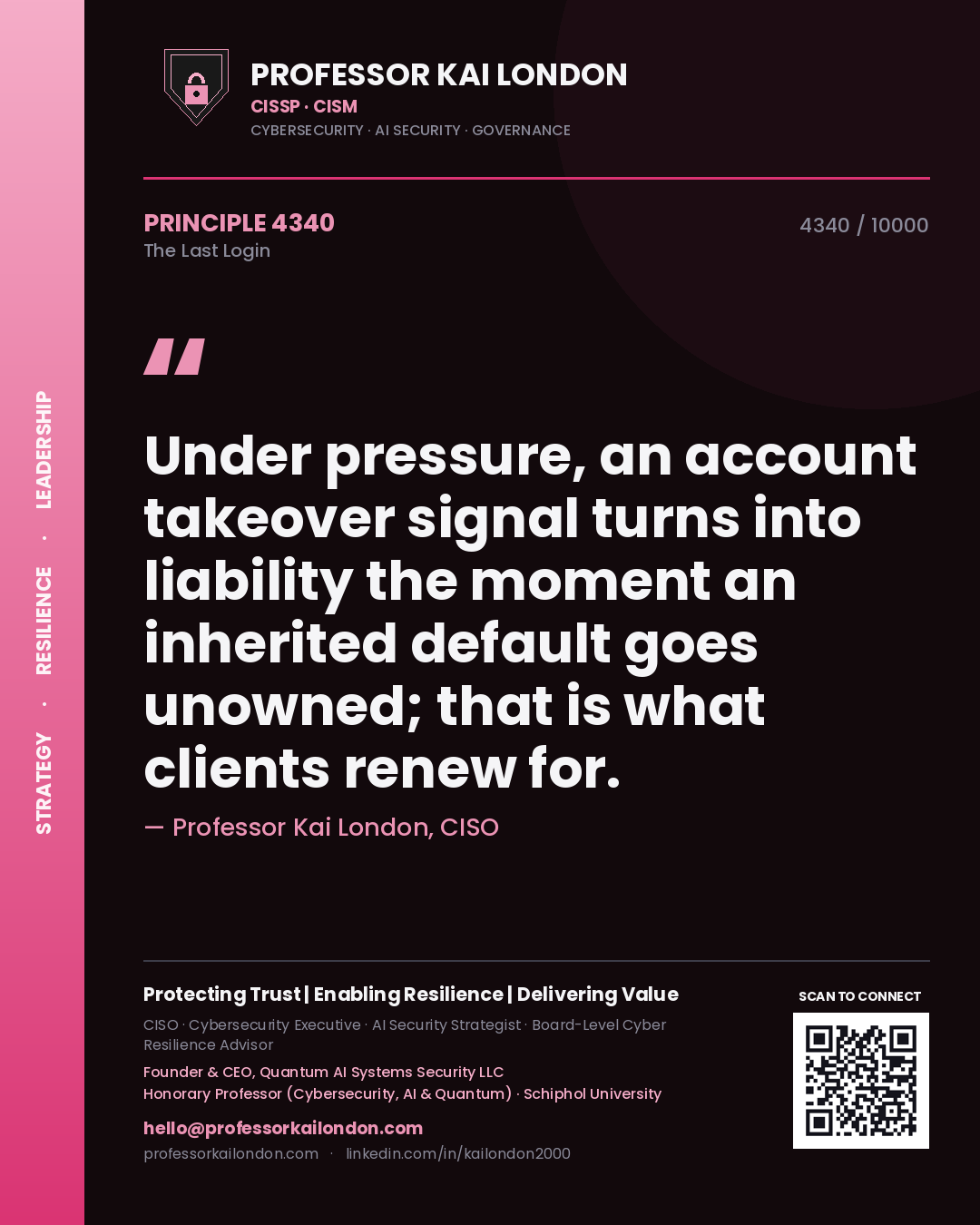 Professor Kai London principle 4340: Under pressure, an account takeover signal turns into liability the moment an inherited default goes unowned; that is what clients renew for.