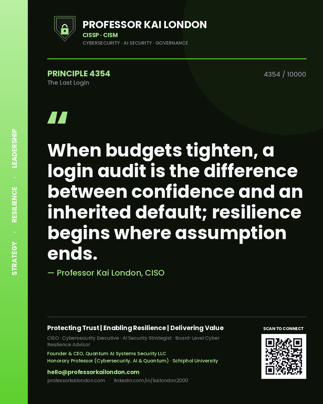 Professor Kai London principle 4354: When budgets tighten, a login audit is the difference between confidence and an inherited default; resilience begins where assumption ends.