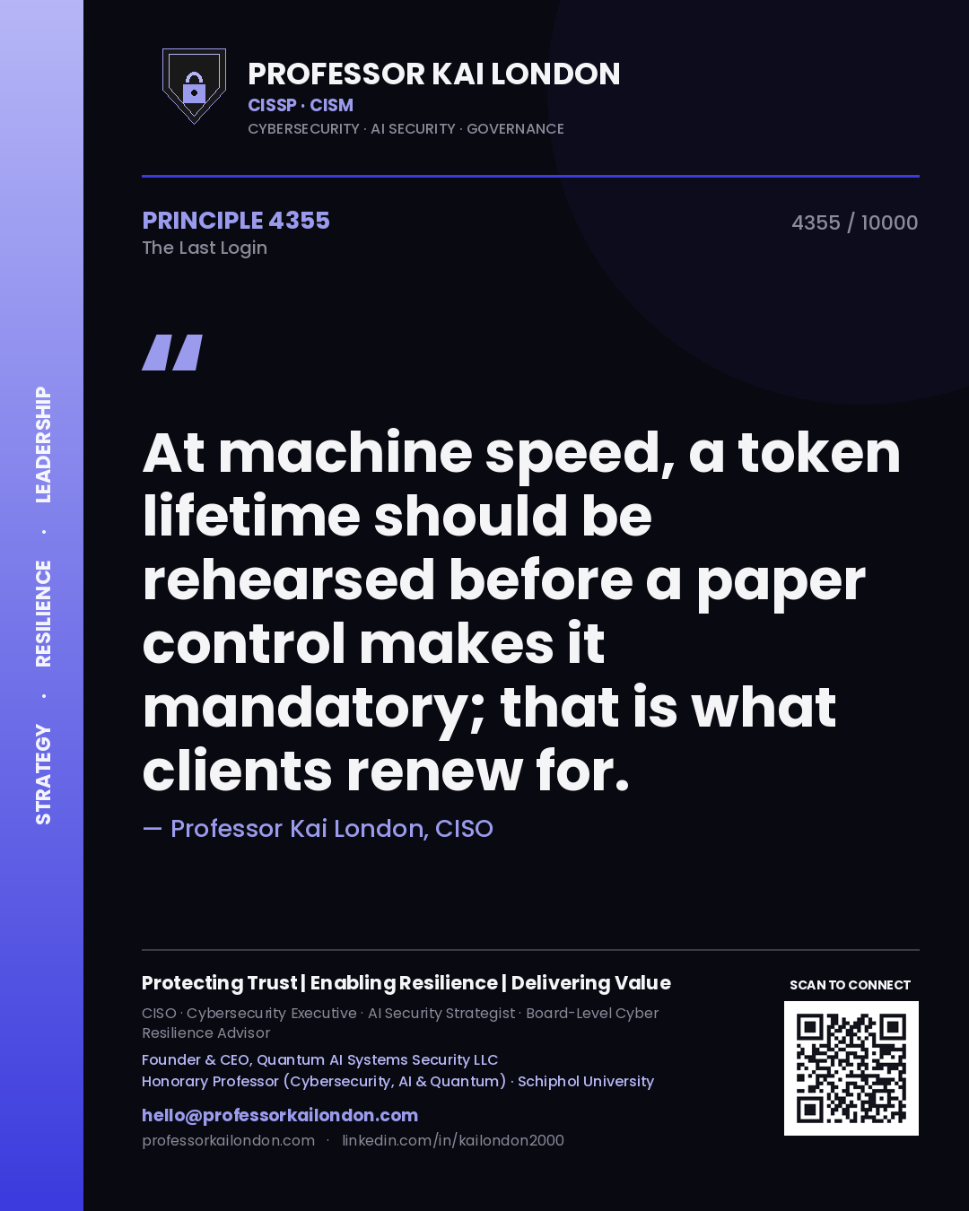 Professor Kai London principle 4355: At machine speed, a token lifetime should be rehearsed before a paper control makes it mandatory; that is what clients renew for.
