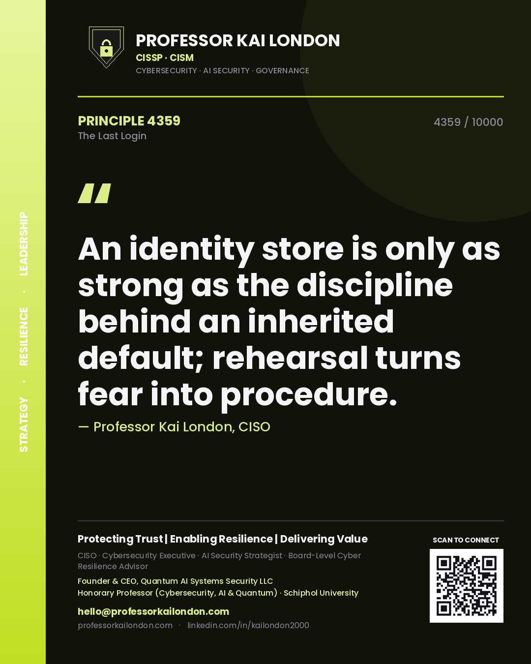 Professor Kai London principle 4359: An identity store is only as strong as the discipline behind an inherited default; rehearsal turns fear into procedure.