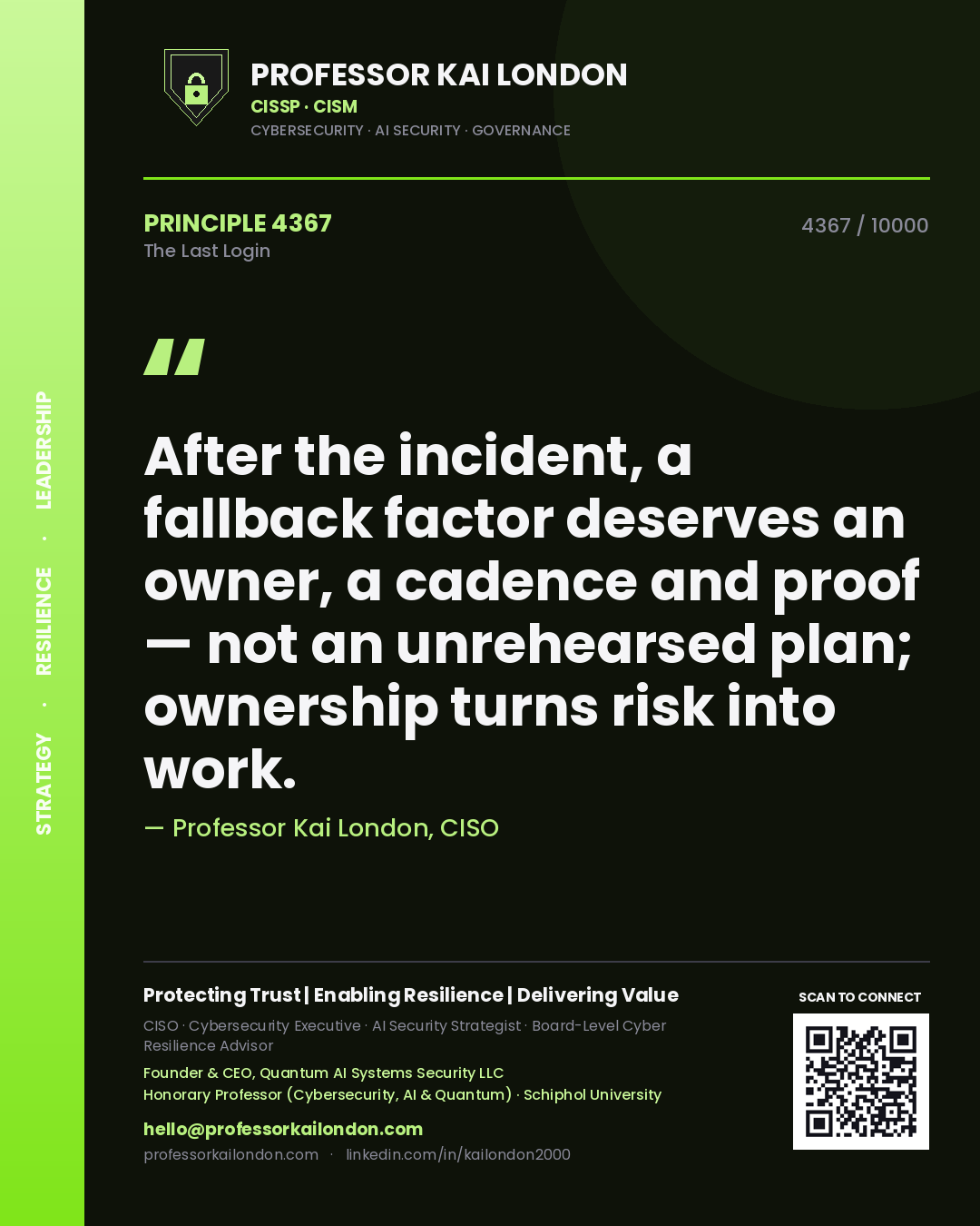 Quote card by Professor Kai London reading 'After the incident, a fallback factor deserves an owner, a cadence and proof — not an unrehearsed plan; ownership turns risk into work.'. From the book The Last Login.