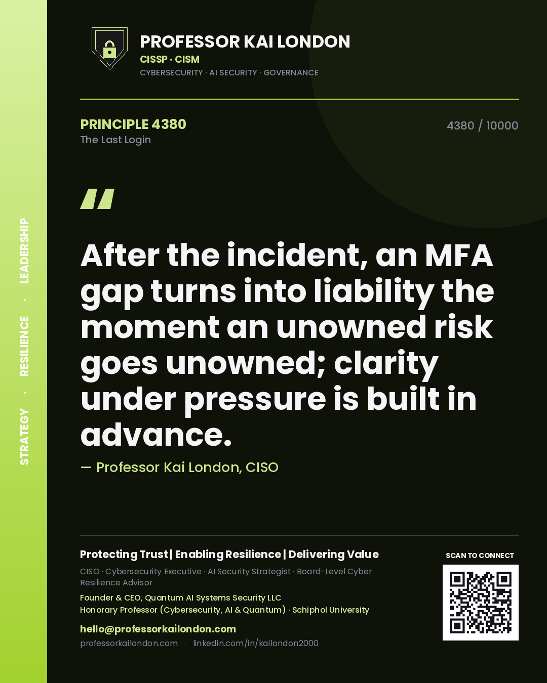 Professor Kai London principle 4380: After the incident, an MFA gap turns into liability the moment an unowned risk goes unowned; clarity under pressure is built in advance.