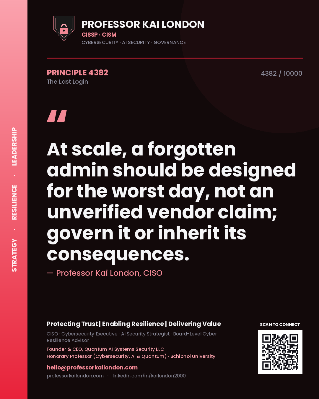 Professor Kai London principle 4382: At scale, a forgotten admin should be designed for the worst day, not an unverified vendor claim; govern it or inherit its consequences.