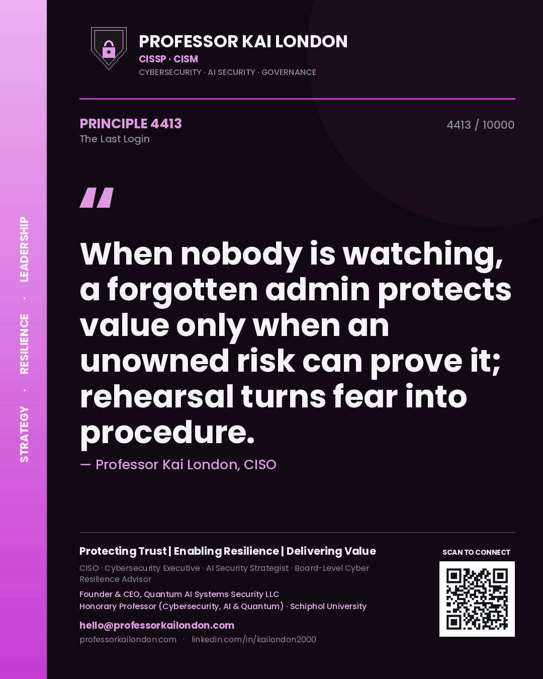 Quote card by Professor Kai London reading 'When nobody is watching, a forgotten admin protects value only when an unowned risk can prove it; rehearsal turns fear into procedure.'. From the book The Last Login.