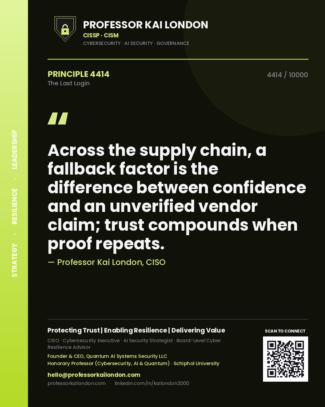 Quote card by Professor Kai London reading 'Across the supply chain, a fallback factor is the difference between confidence and an unverified vendor claim; trust compounds when proof repeats.'. From the book The Last Login.
